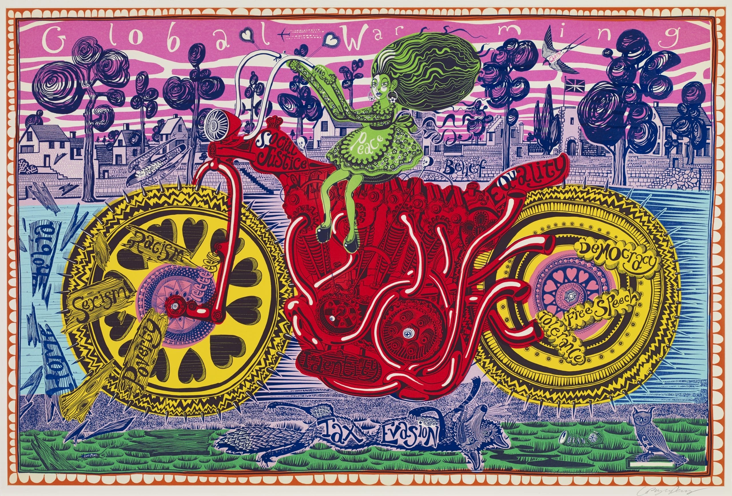 A bright and multi-coloured print by Grayson Perry featuring a motorbike ridden by a small green girl.