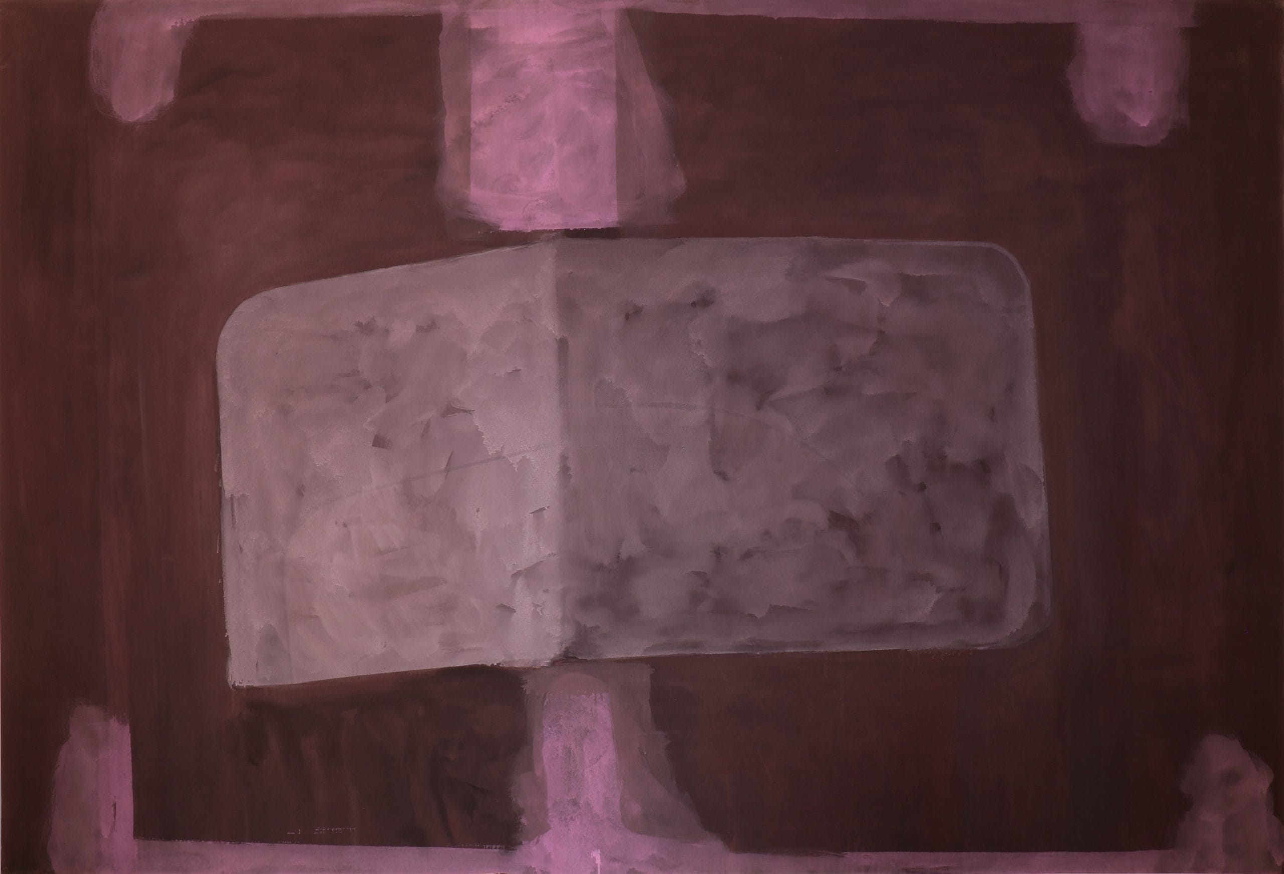 An abstract painting, a dark read background features a taupe cube.