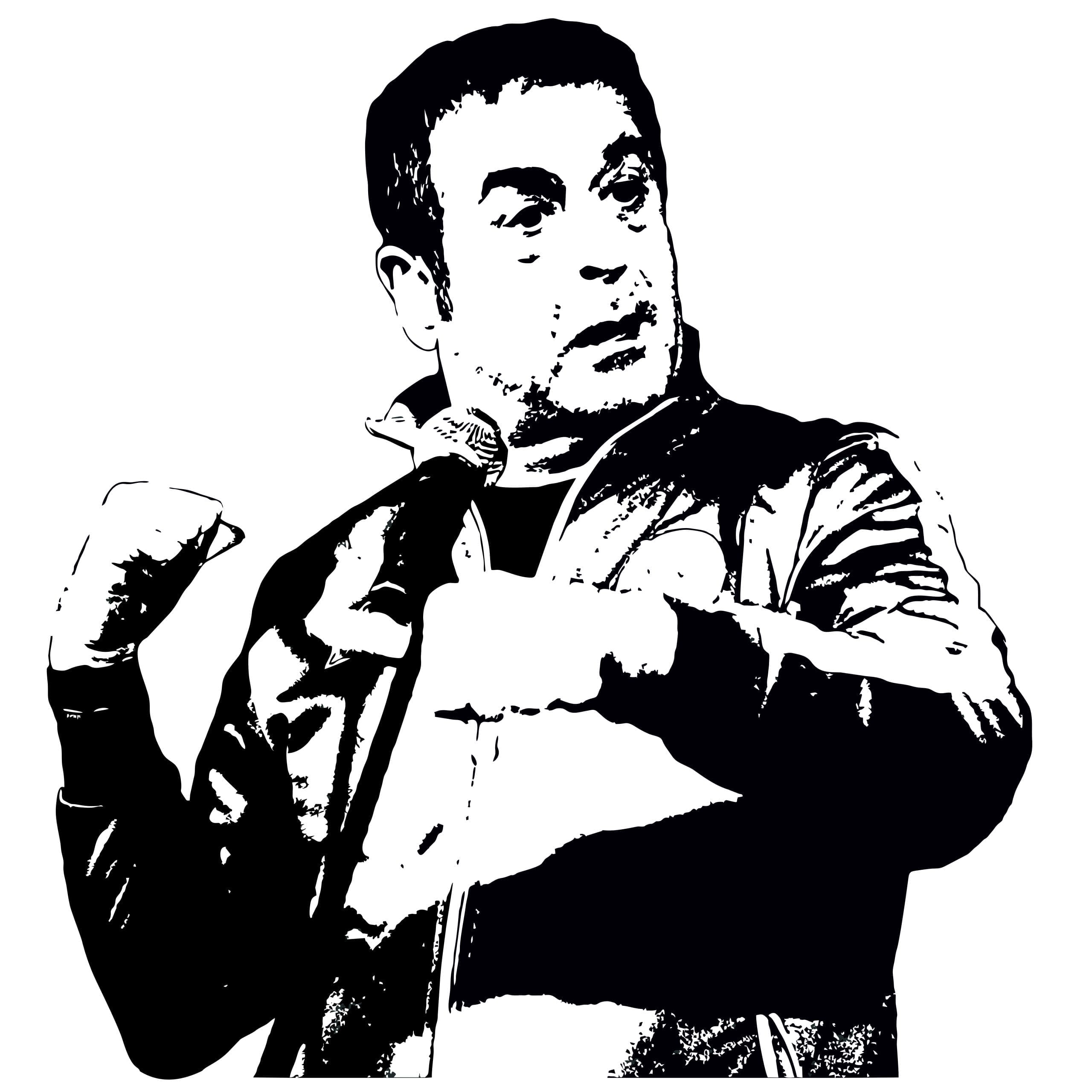 A black and white illustration of a man stood at a microphone wearing a zip up bomber jacket.