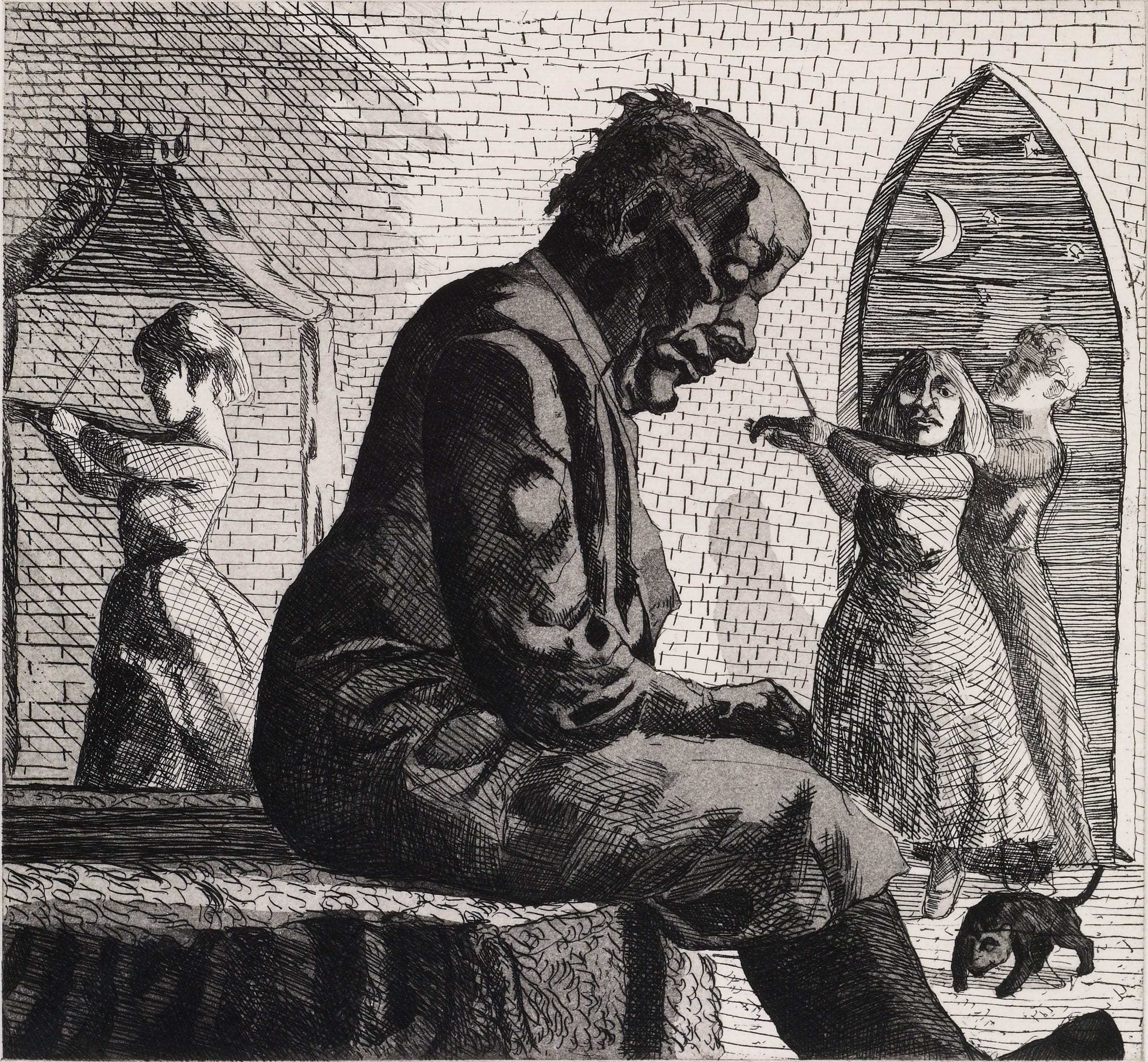 An black and white print created by Paula Rego featuring a man sat on the end of a bed.