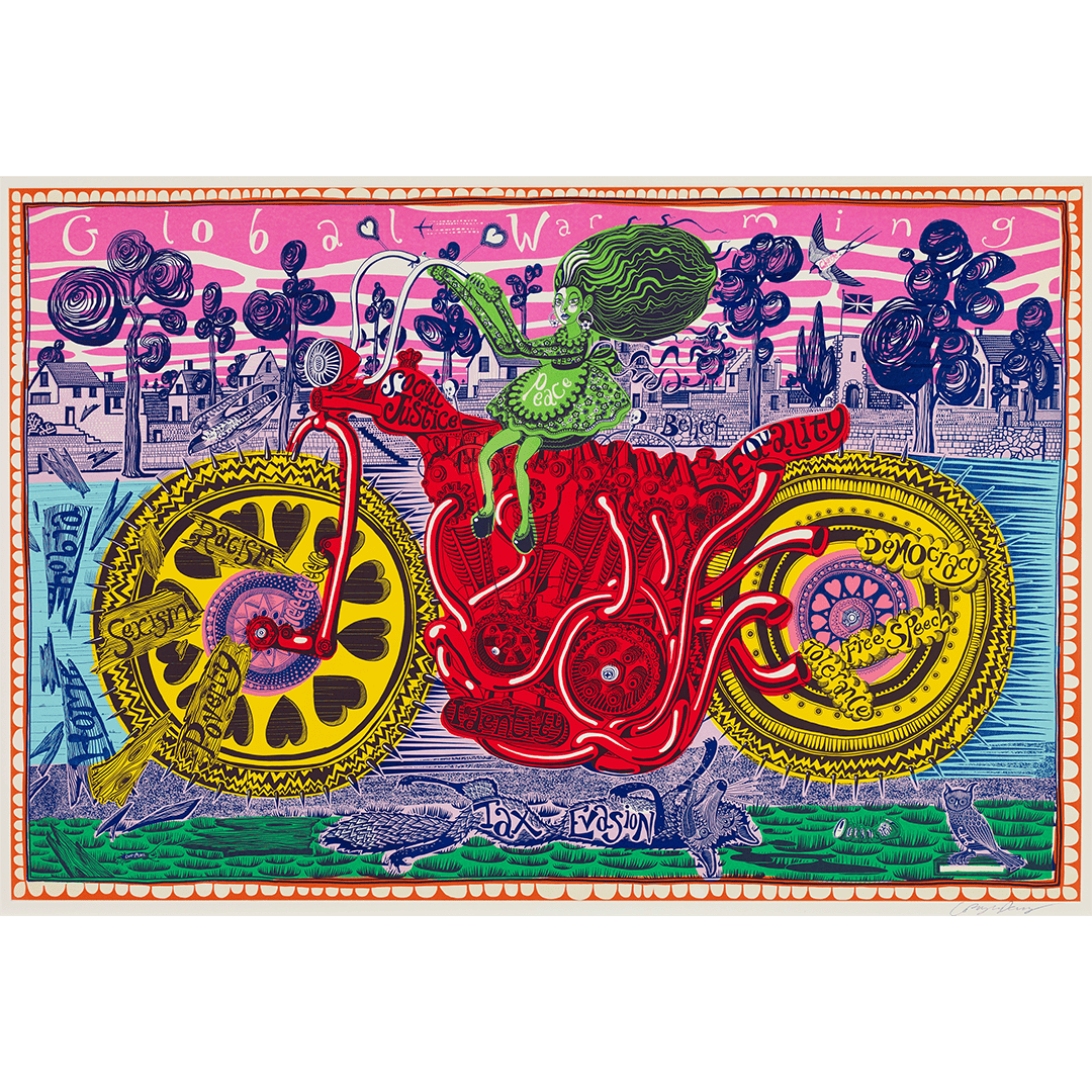 A bright and multi-coloured print by Grayson Perry featuring a motorbike ridden by a small green girl.