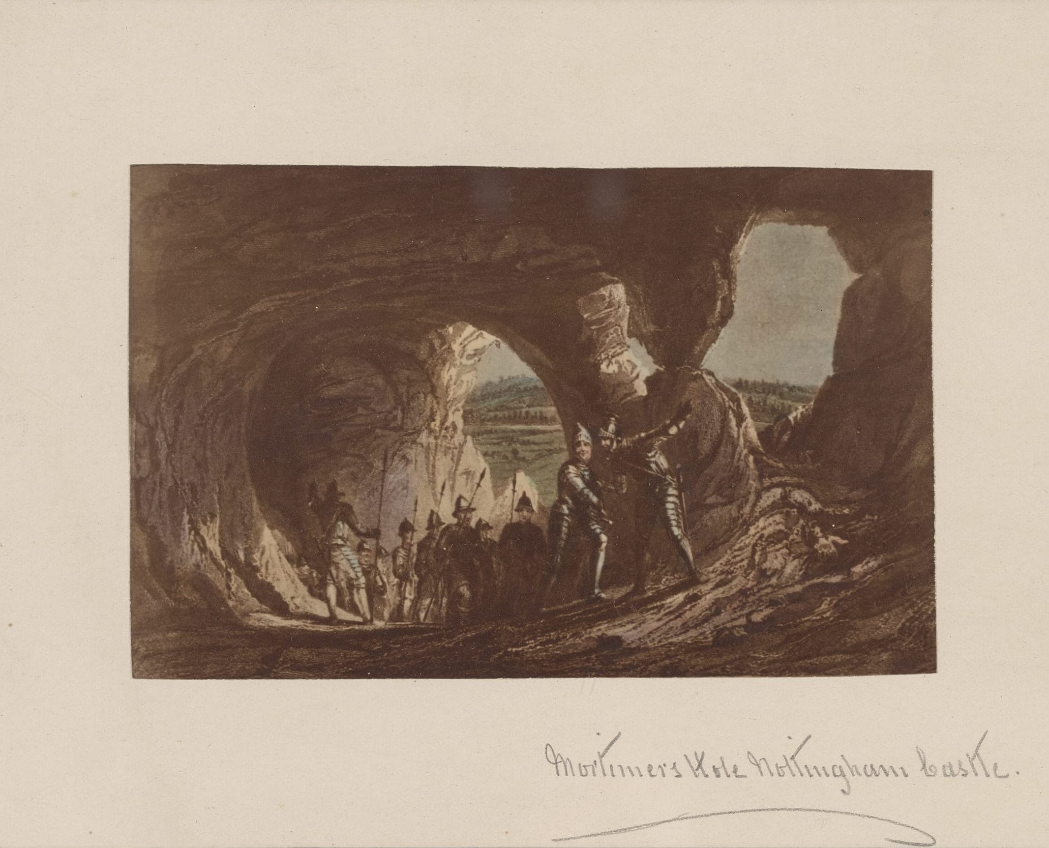 An illustration of medieval troops in Mortimer's Hole, a cave at Nottingham Castle.