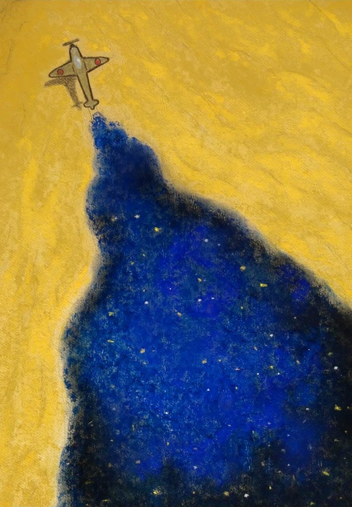 An illustration of a plane travelling across a yellow sky leaving a blue trail behind it.