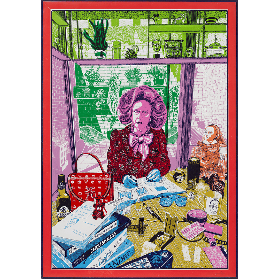A vibrant print by artist Grayson Perry features a pile of books in the foreground with a woman sat at table wearing a floral jacket, pussy bow blouse and voluminous hair.