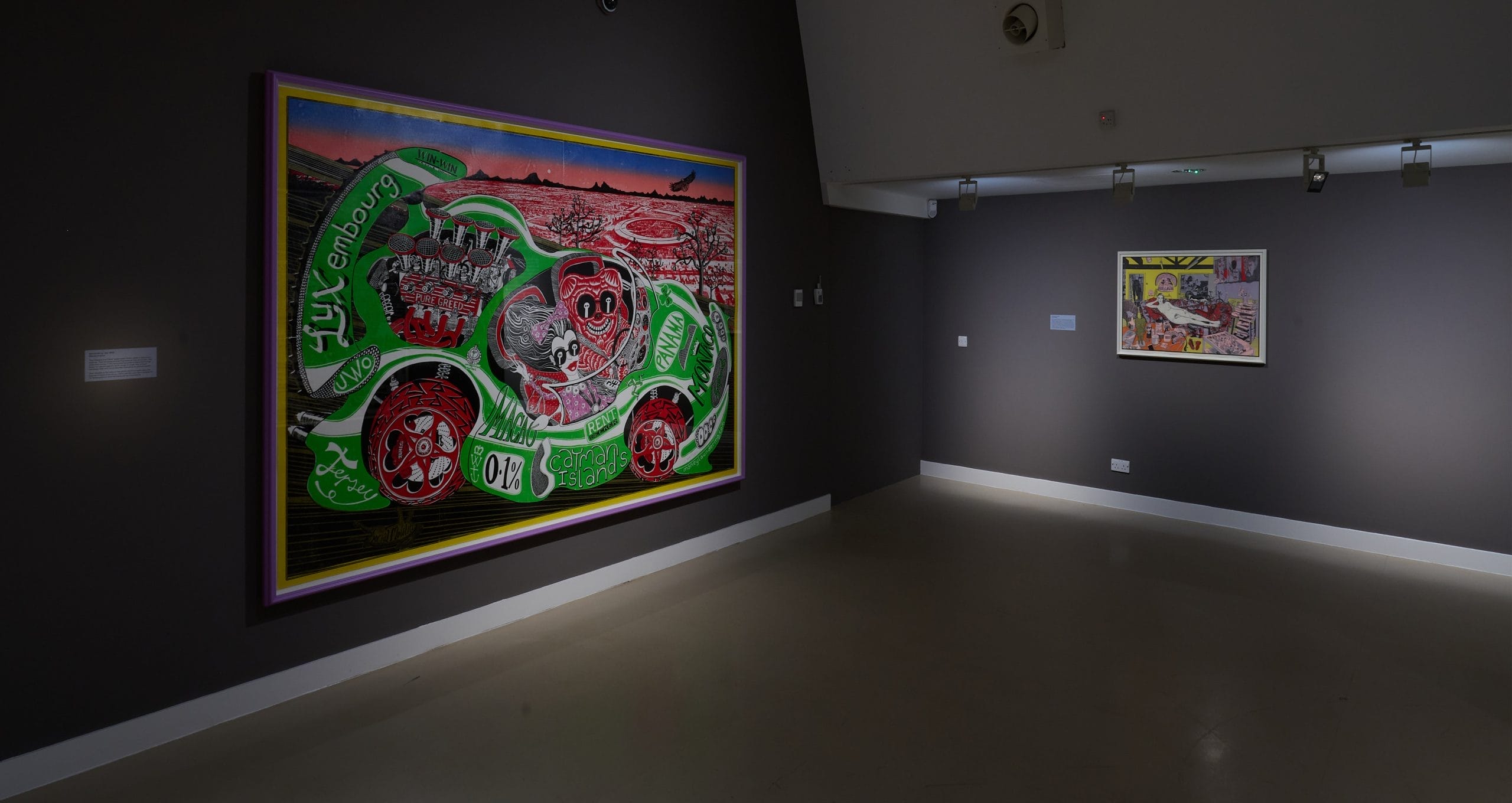 A grey gallery space, featuring a large Grayson Perry print of a bright green sports car.