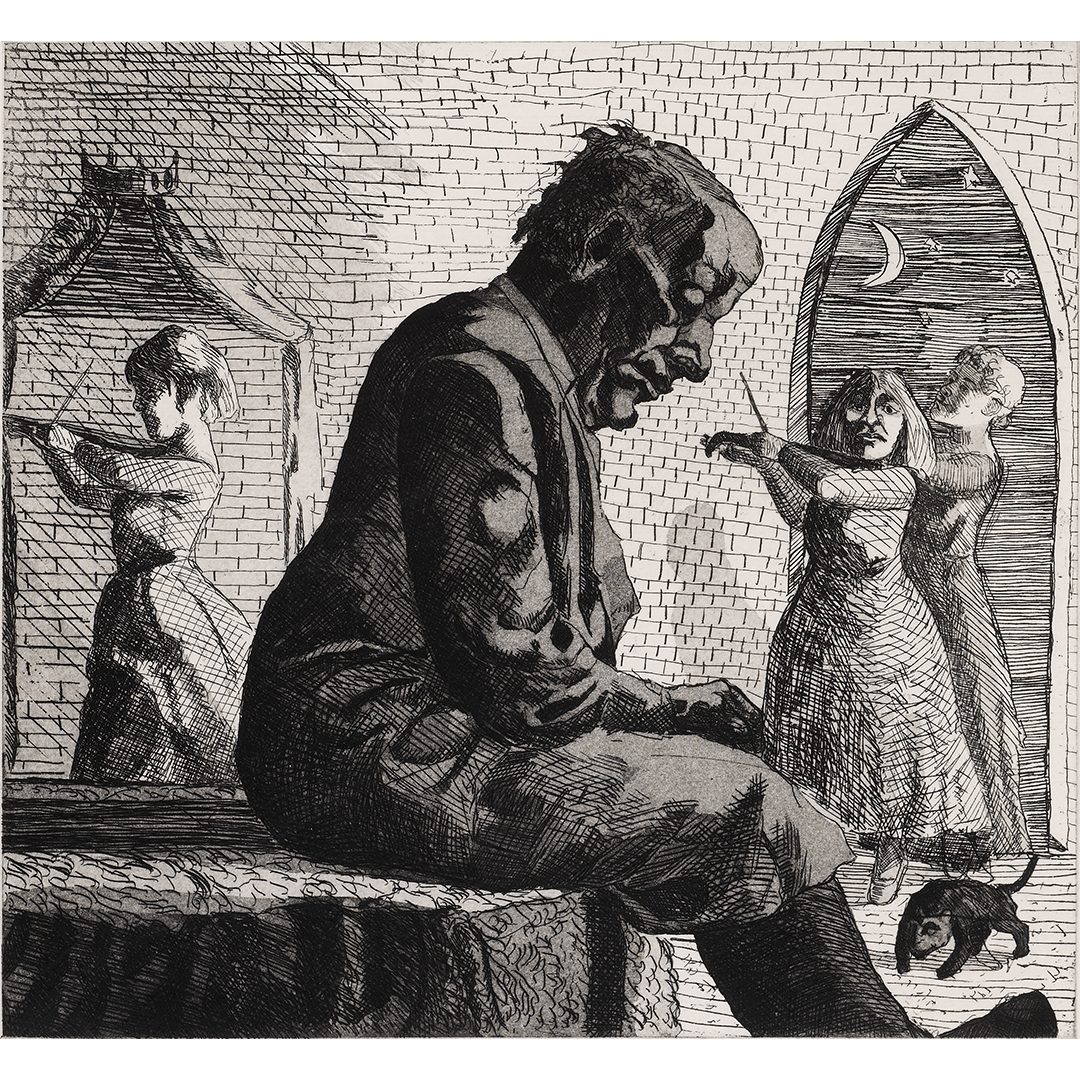 An black and white print created by Paula Rego featuring a man sat on the end of a bed.