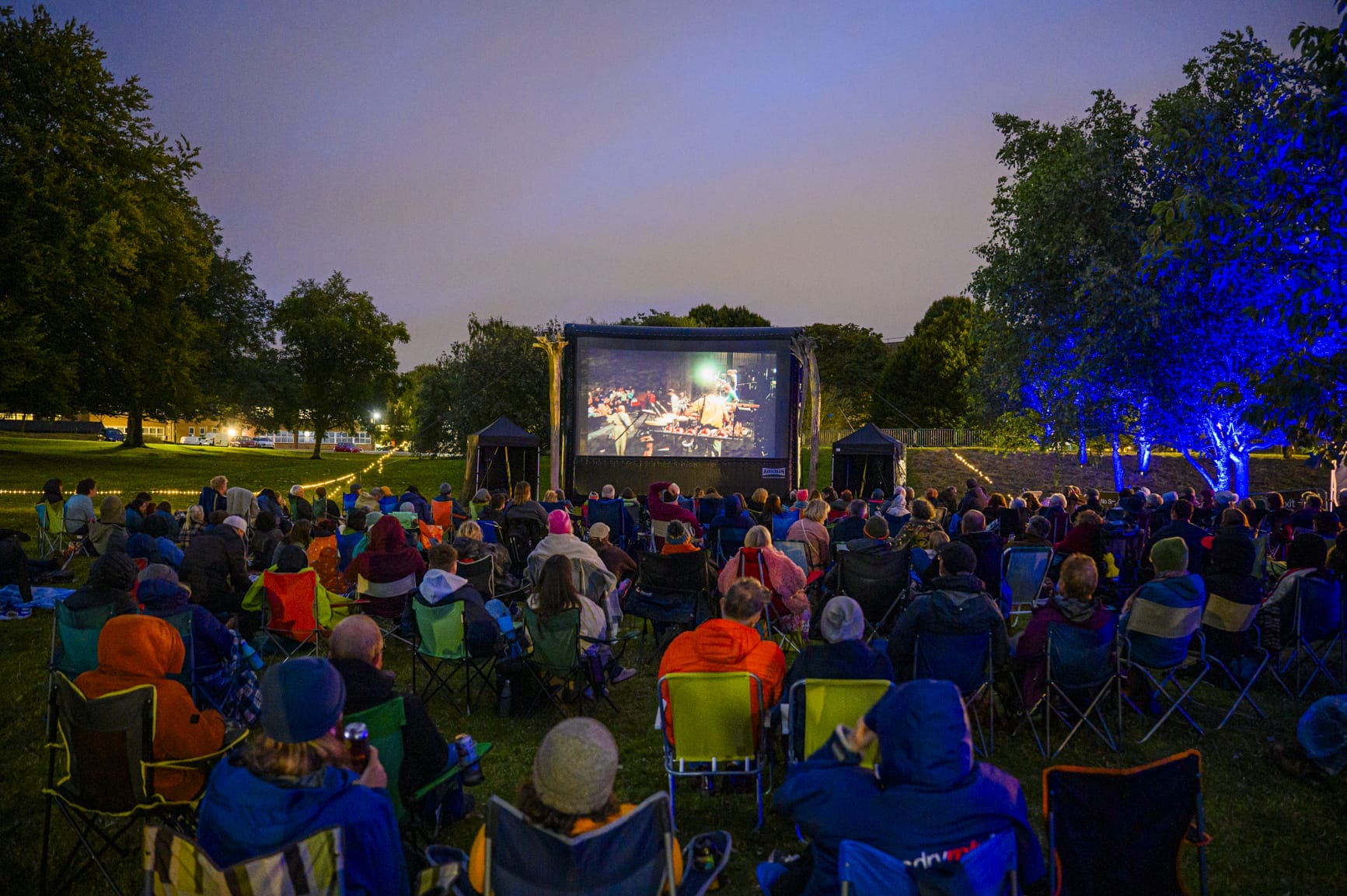 audiences are sitting on camping chairs while watching film on a screen between Elpida's tree artworks