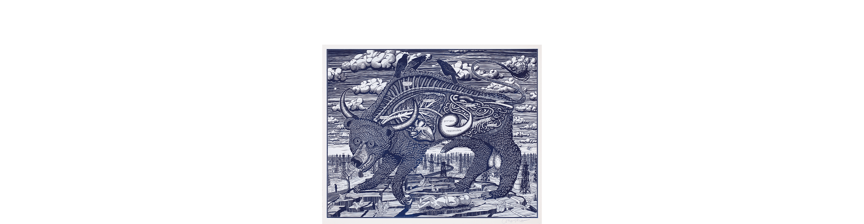 a blue and white print of a bear with various labels on it by Grayson Perry