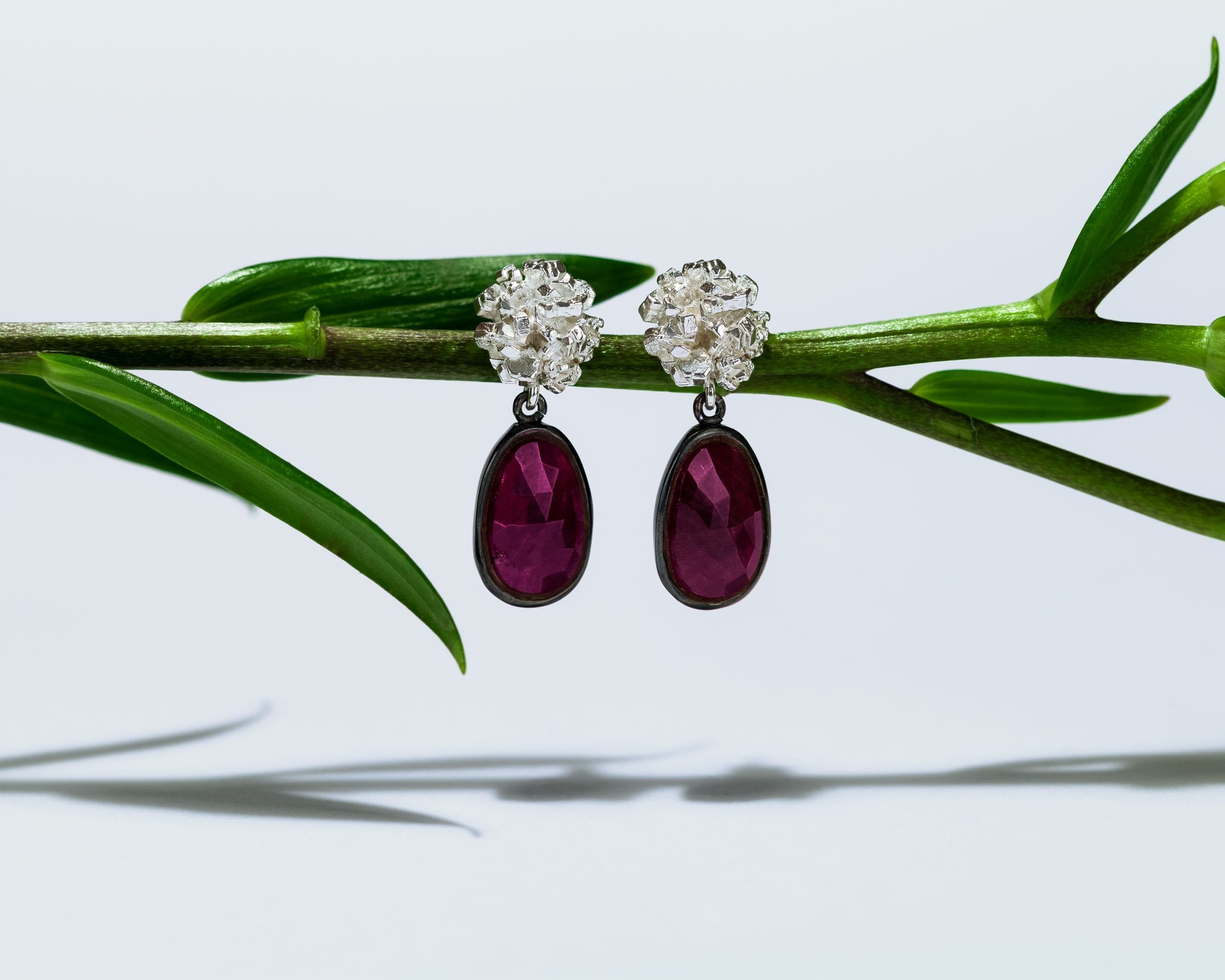 a pair of red and diamond earrings hanging from a plant stem