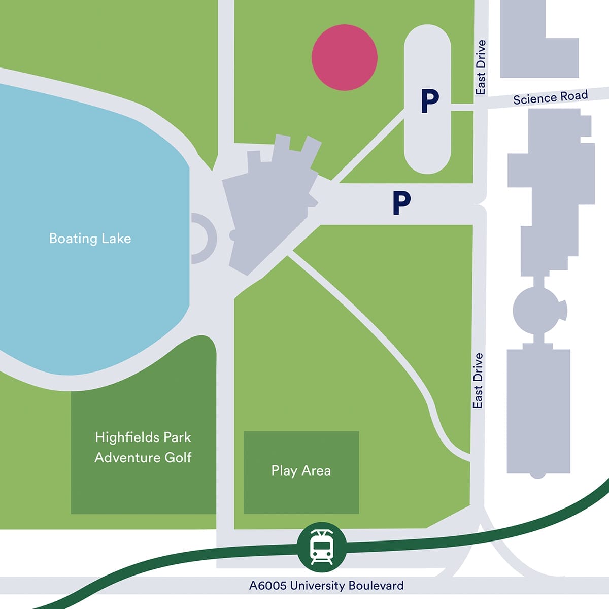 A map showing where the Broadway's outdoor cinema is located in relation to Lakeside Arts' buildings and the surrounding parkland.