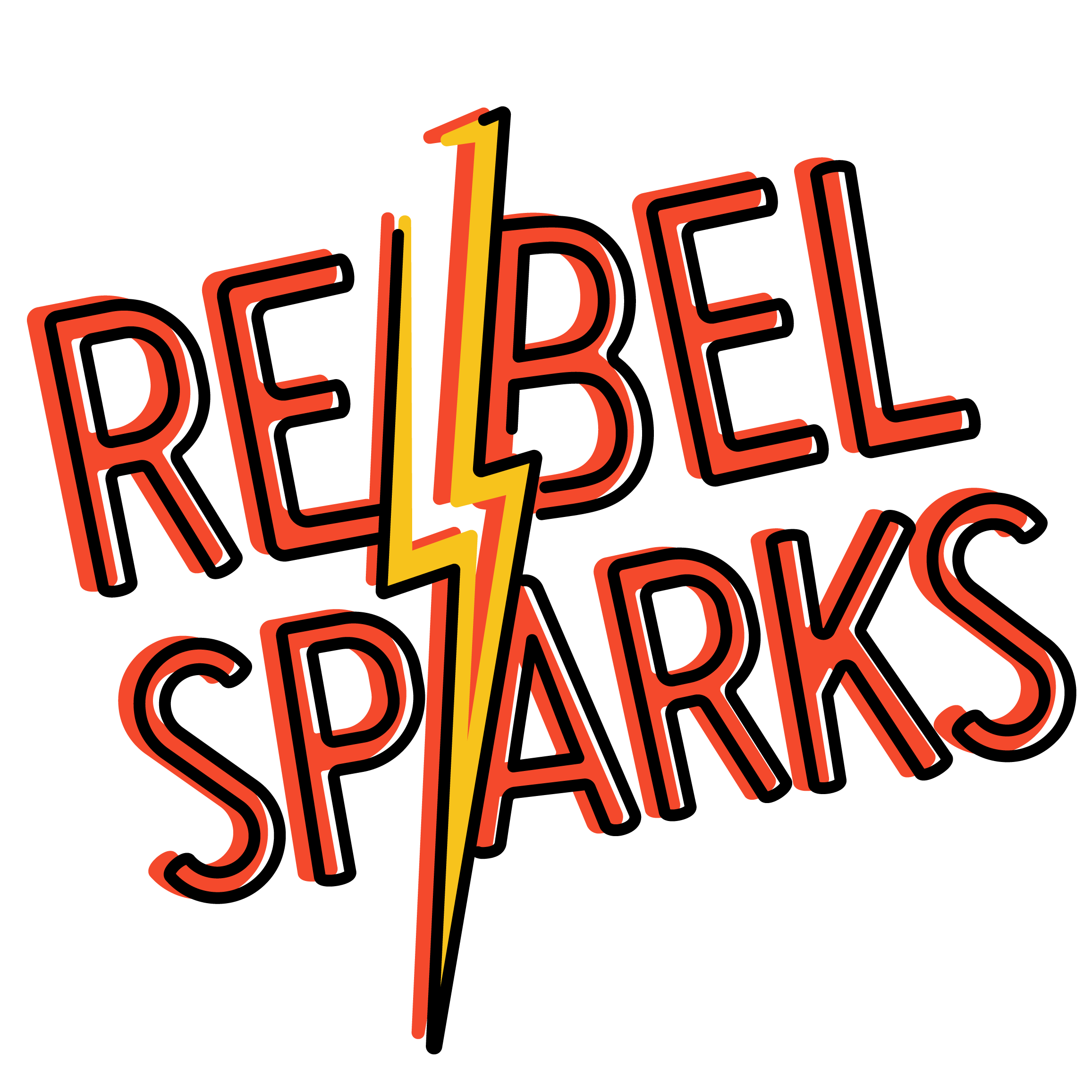 The words Rebel Sparks written in red with a bolt of lightening going through the middle.