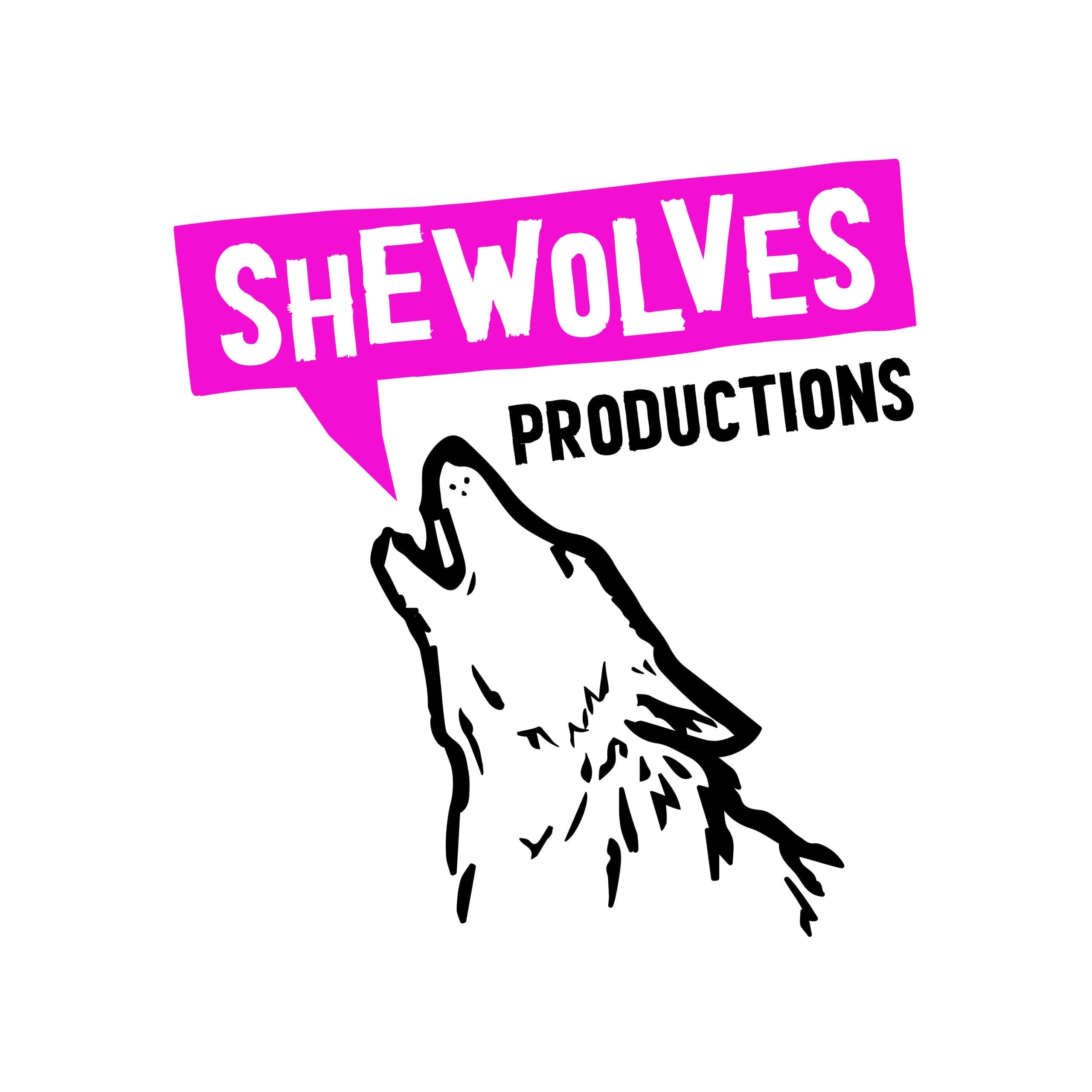 SheWolves Productions logo - a black illustration of a howling wolf.