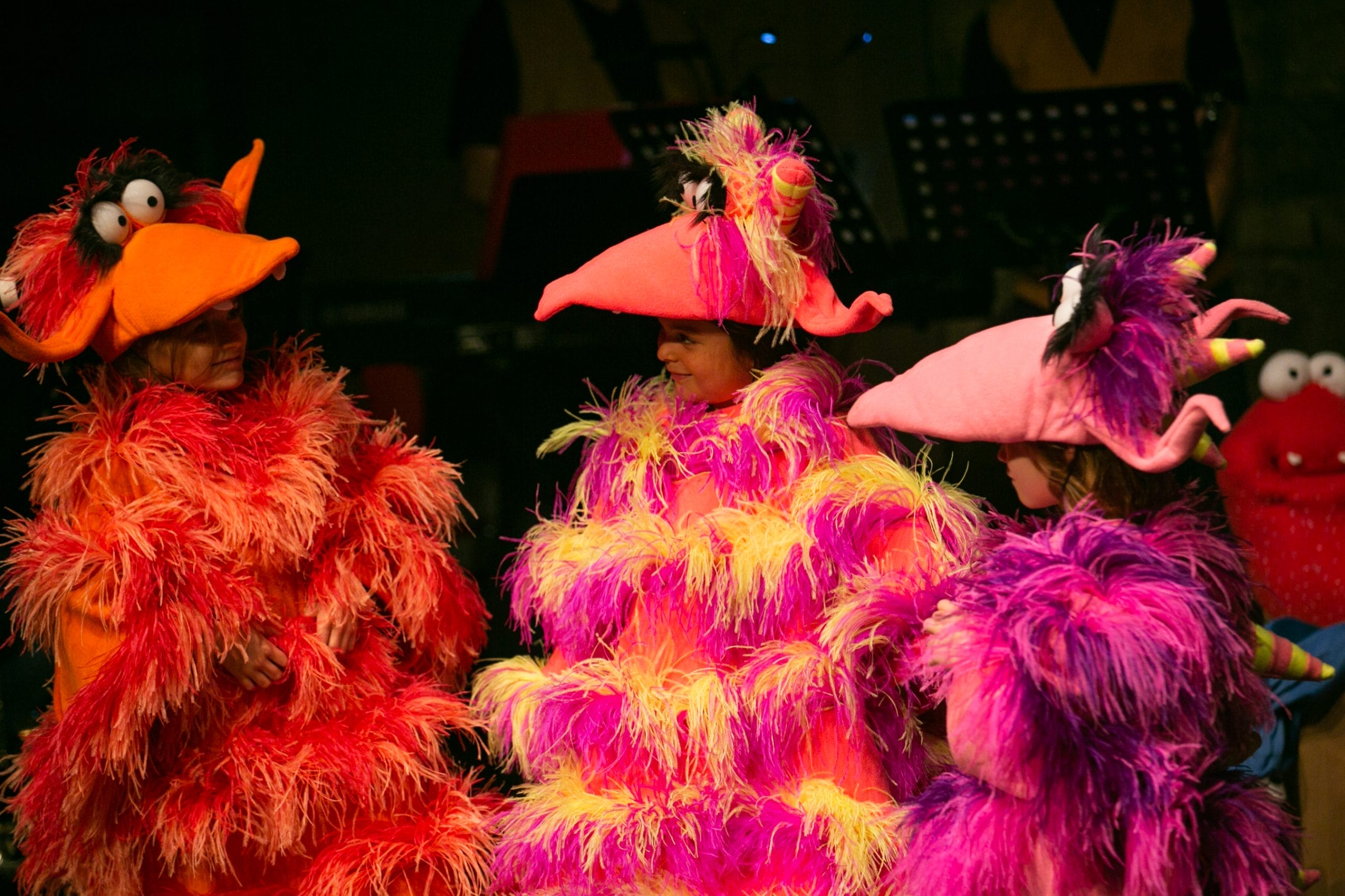 A photo of actors dressed as birds in vibrantly coloured costumes