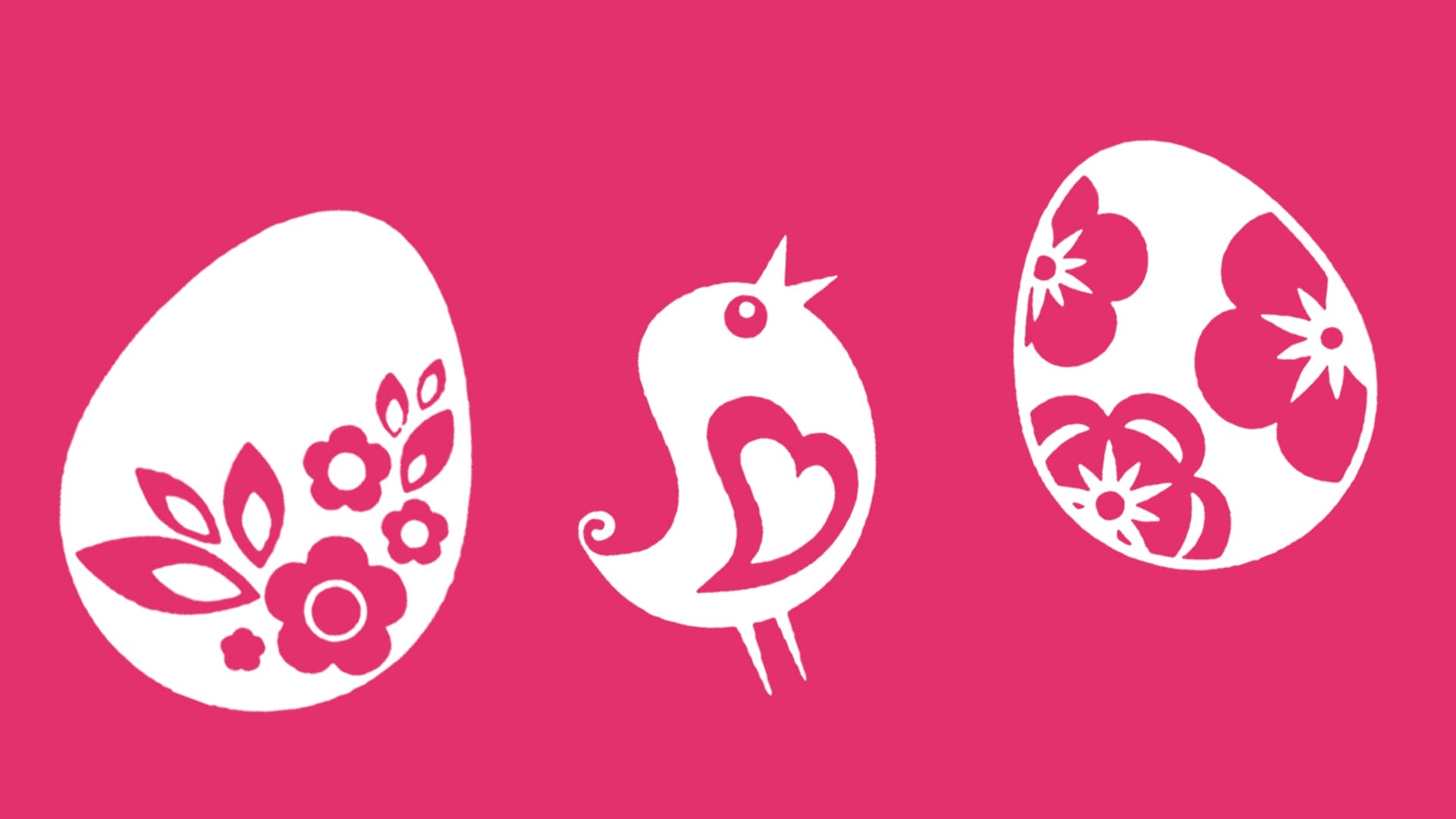 A bright pink background with white illustrations of Easter Eggs and a chick