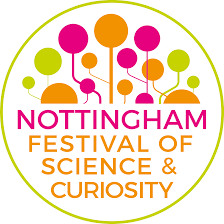 Nottingham Festival of Science & Curiosity logo - a green circle outline, containing pint and orange text and spheres connected by lines.