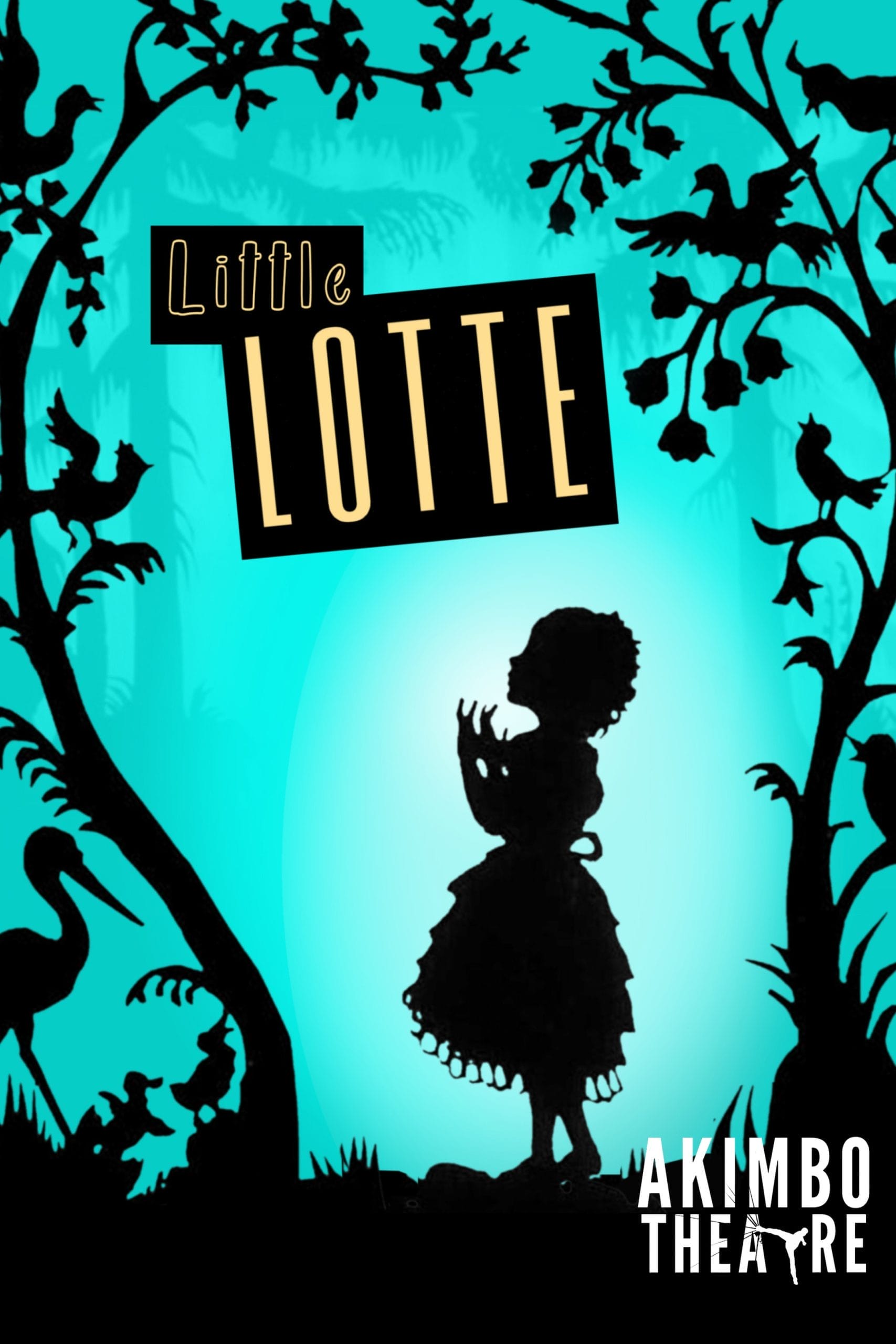 An illustration showing the silhouette of a small girl in the woods.