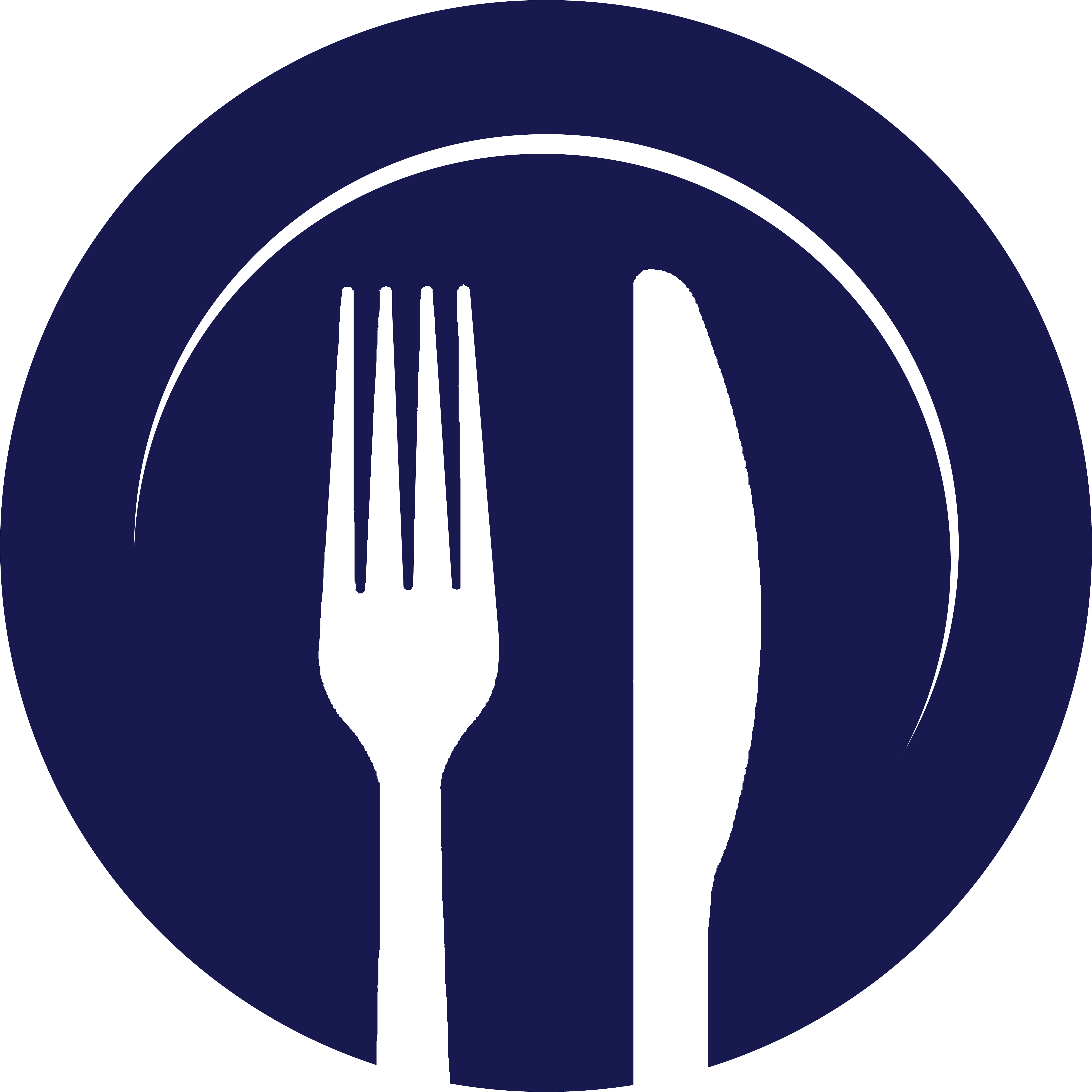 a round shaped icon looking like a plate from above with the outling of a fork and knife in the middle