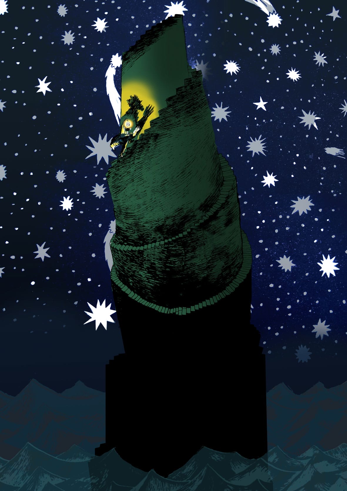 An illustration of a small creature climbing a large green rock formation in front of a blue starry sky.