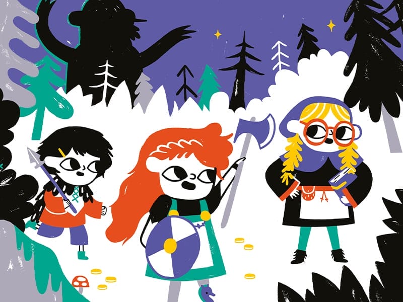 An illustration of three kids dresses as Vikings in bright oranges and purples.