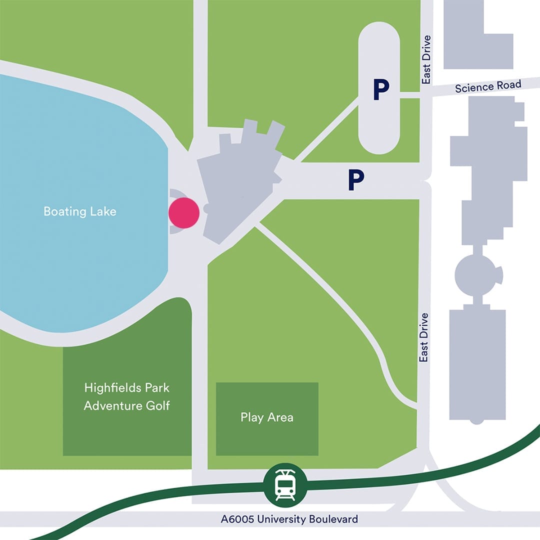 A map of University Park Campus. A pink dot highlights the location of the Amphitheatre.