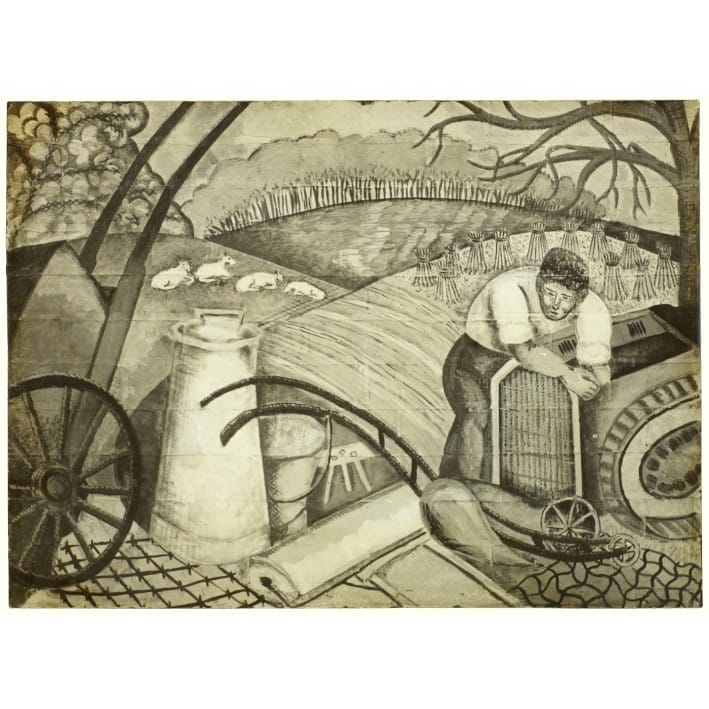 Photograph of a mural depicting farming activities. It shows a man leaning on a tractor with fields of hay and cows in the background; the foreground shows a farm cart, milk churn etc. The artwork decorated the inside of the baffle walls protecting university buildings during the Second World War. It was painted by students of the evacuated Goldsmiths College, under the tuition of the artist and teacher Evelyn Gibbs. This may be the only surviving record, as the walls were taken down after the war.