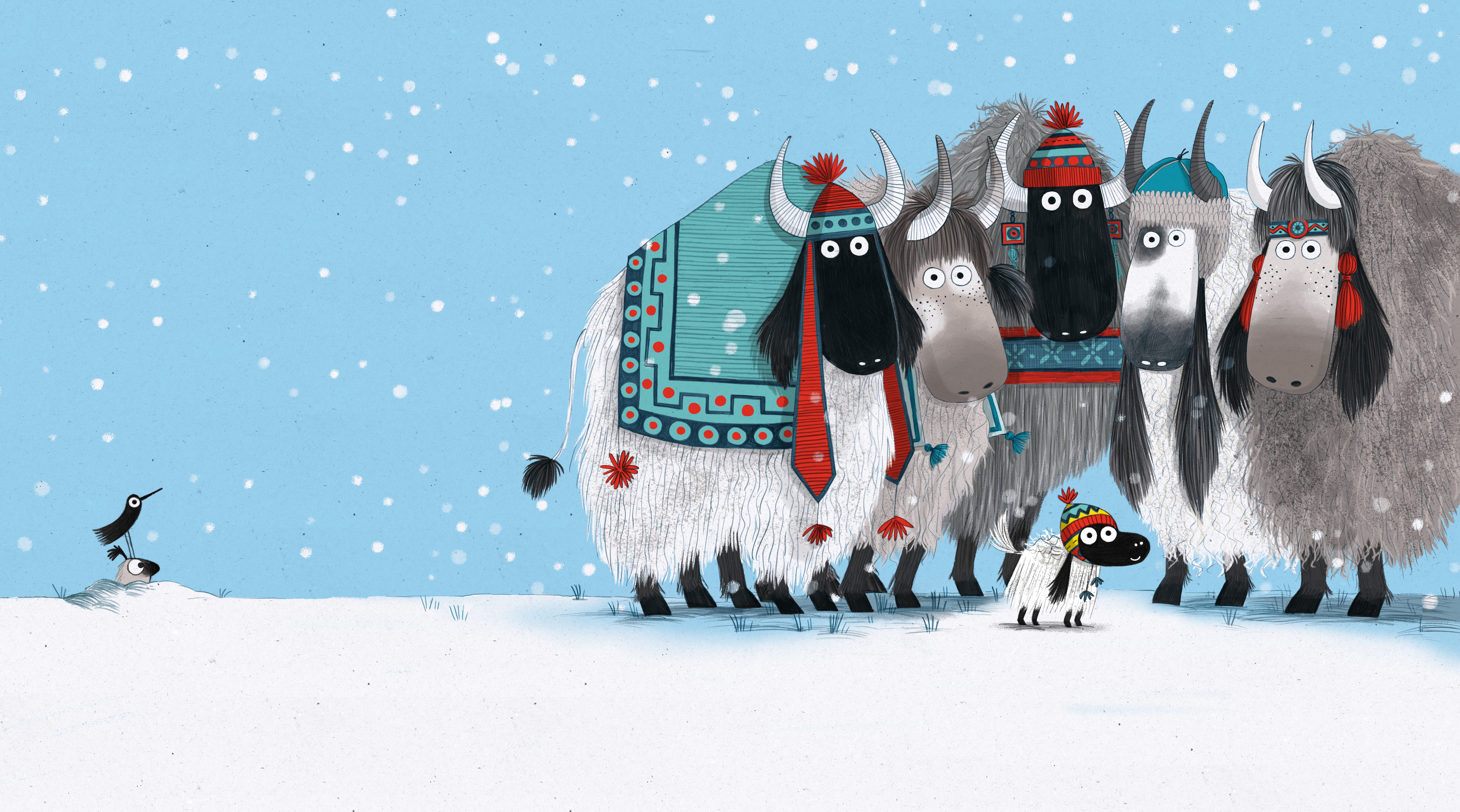An illustration of a herd of yak gathered around the littlest yak.