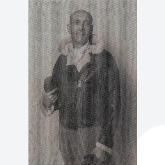 The artist dressed as an early-2oth century pilot