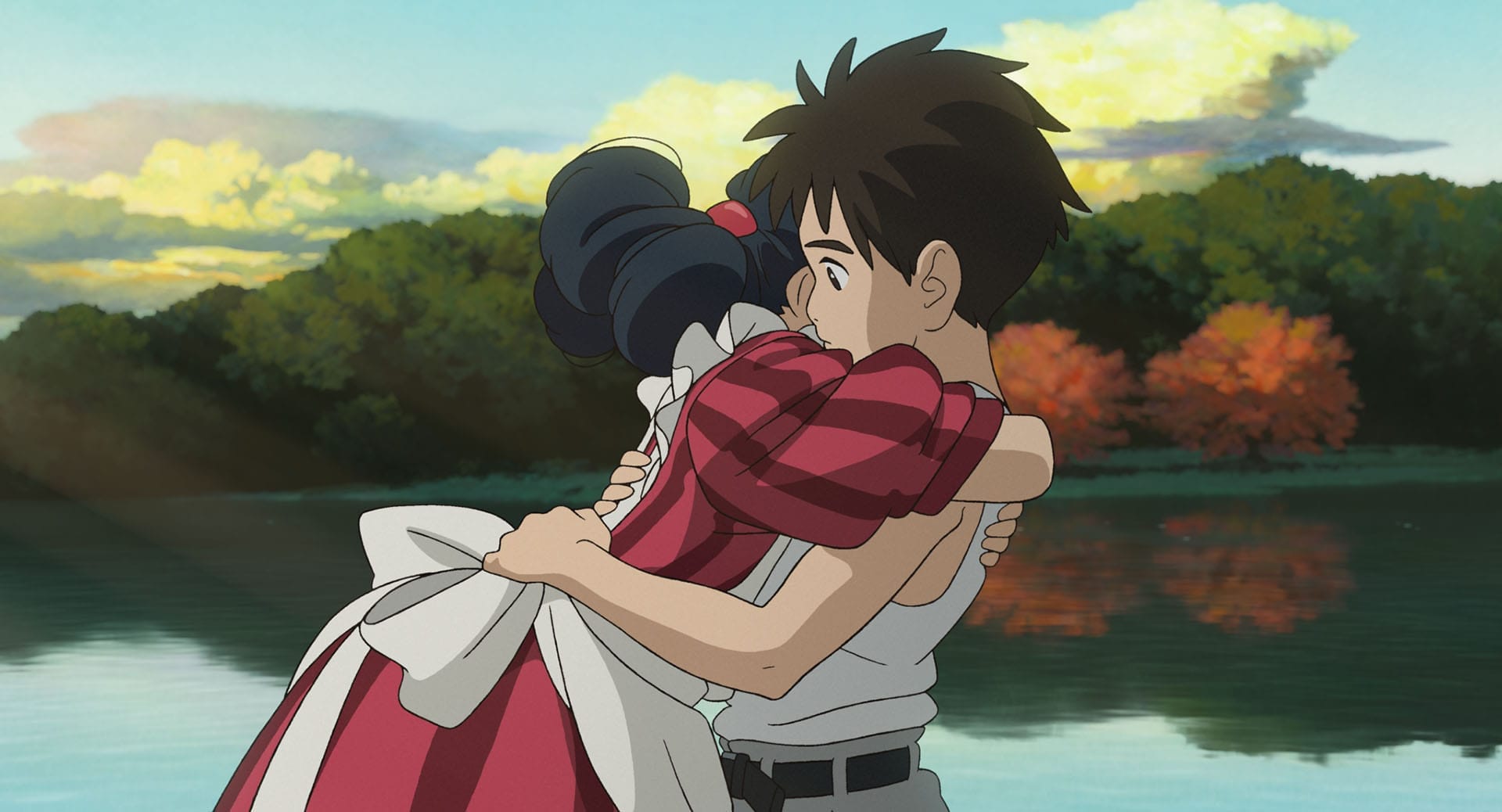 Anime image of a couple embracing in front of a lake.