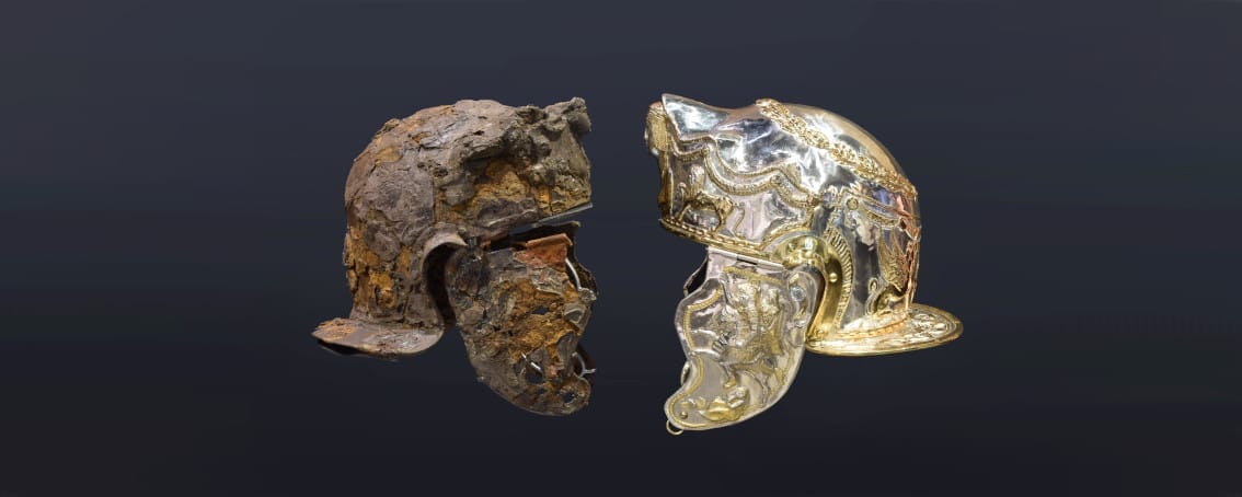 Hallaton Helmet alongside the Francesco Galluccio replica