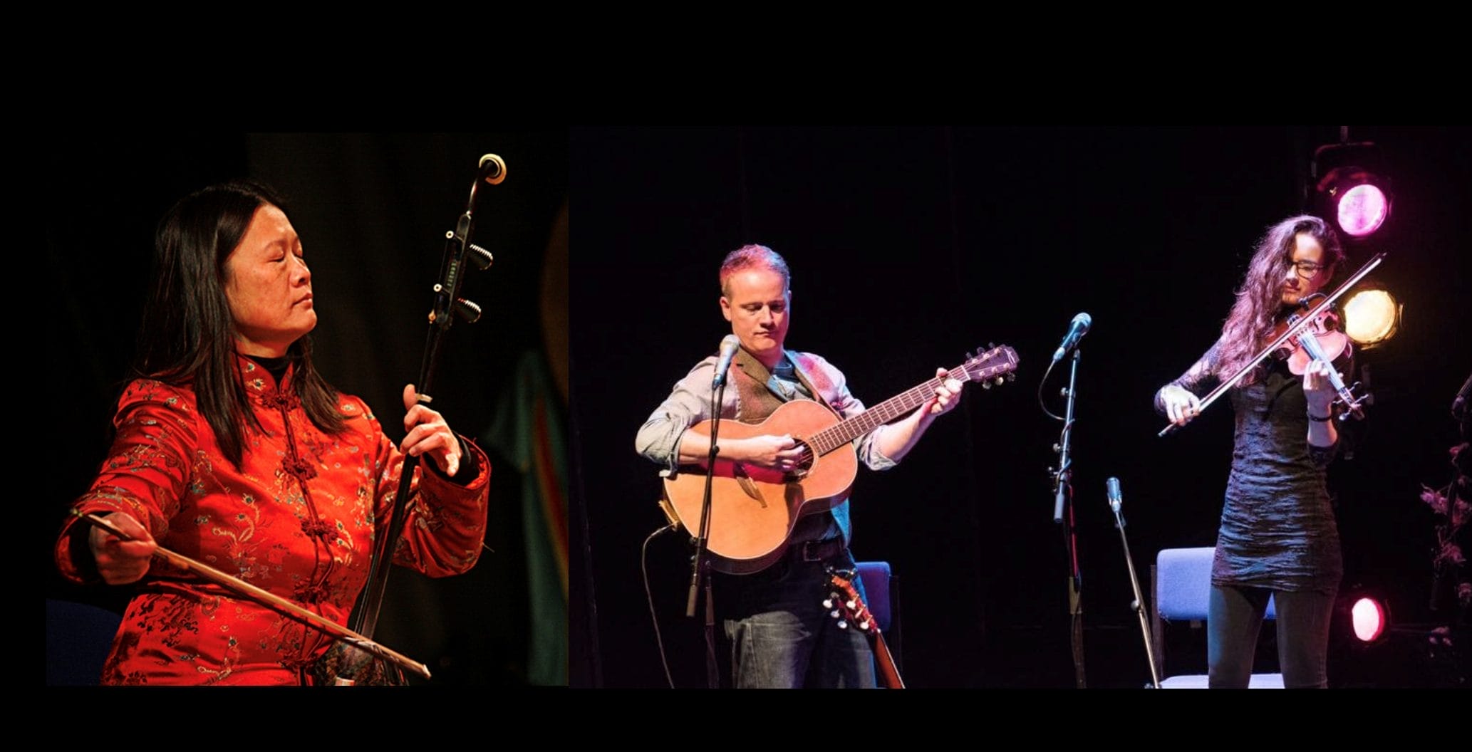 Ling Peng, Sid Peacock and Ruth Angell are performing on stage, engrossed in the music.