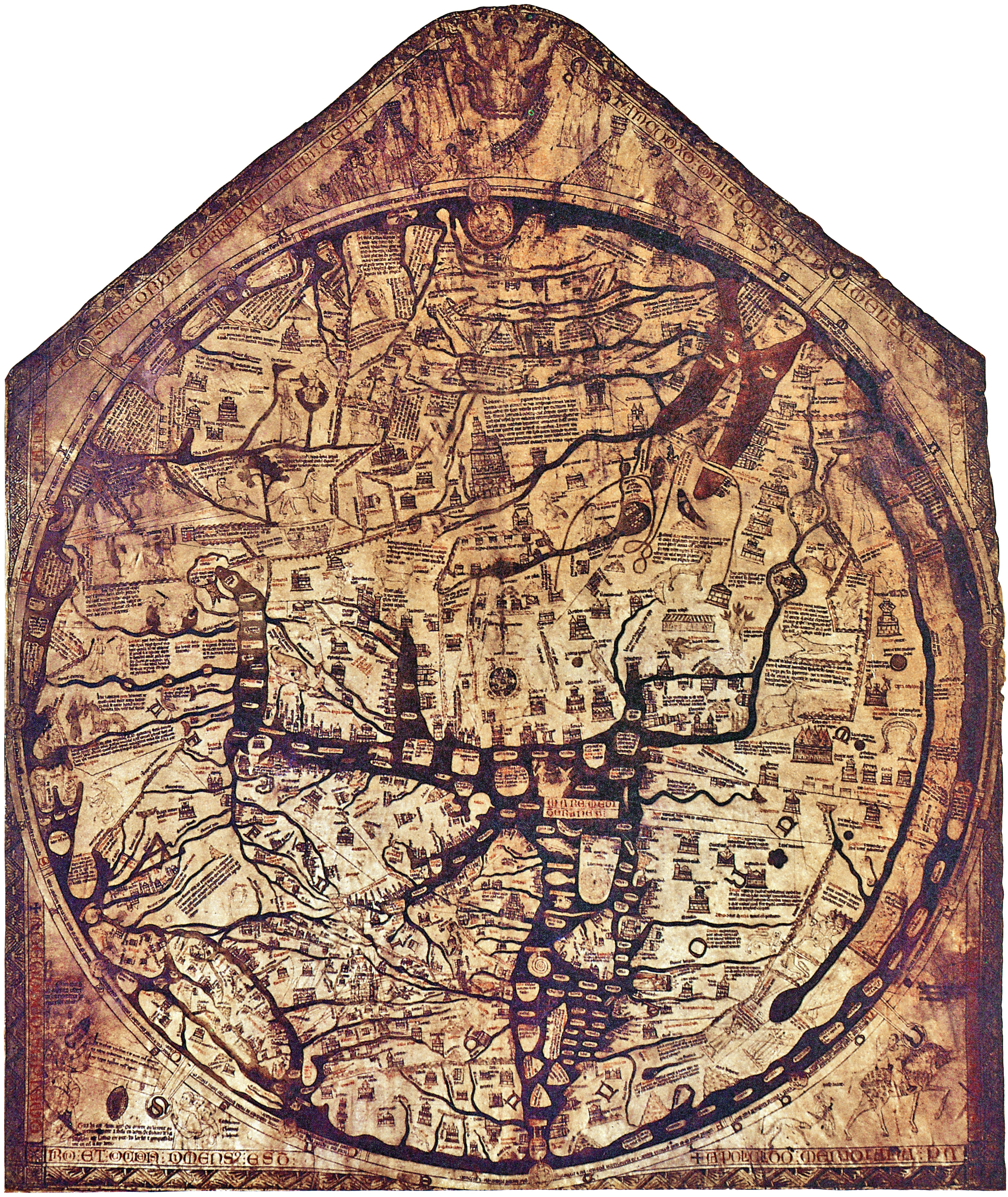 Image shows the real mappa mundi, a chaotically detailed map that is now ageing and browning.
