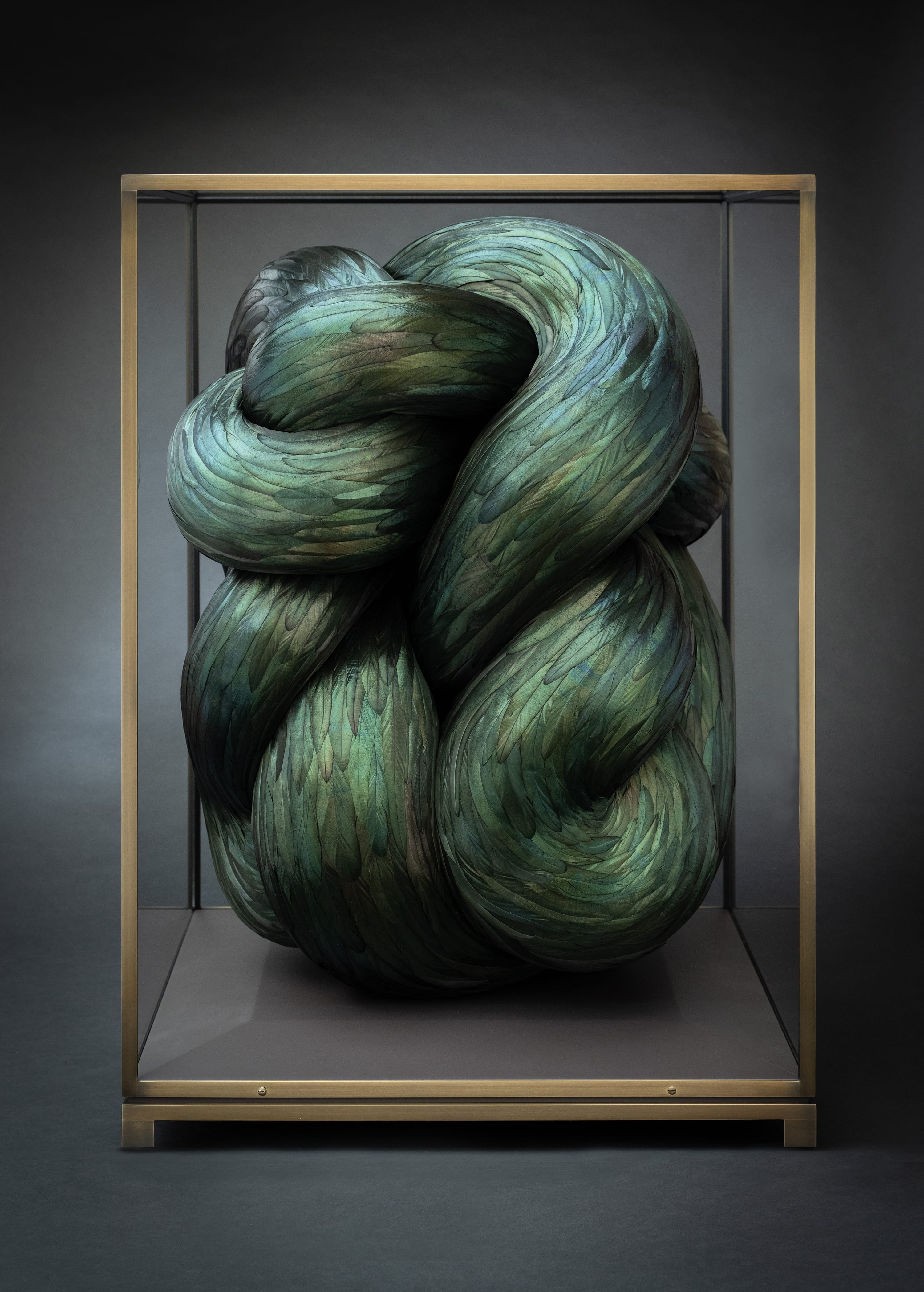 A green feathered sculpture is in glass box