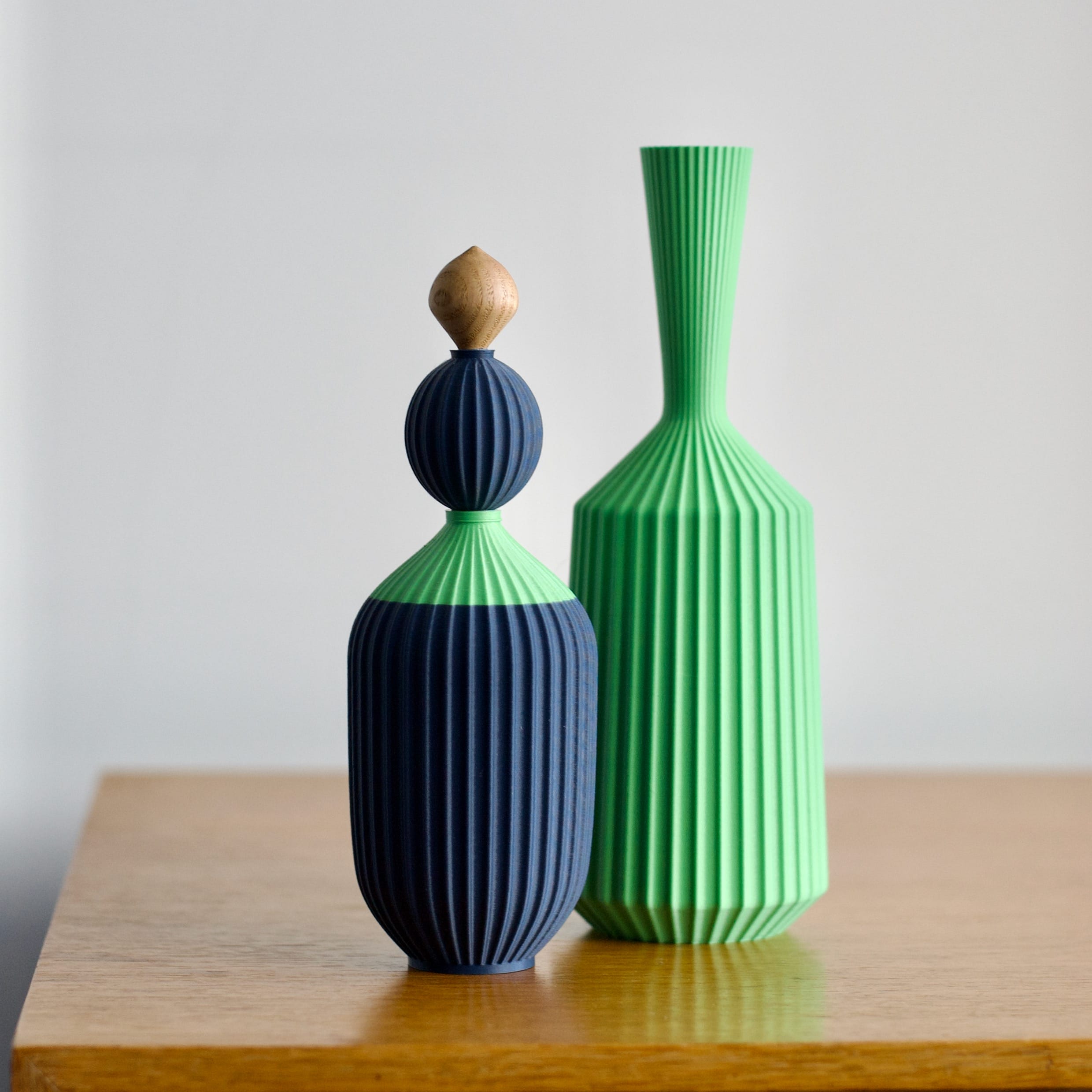 Blue and green textured vases.