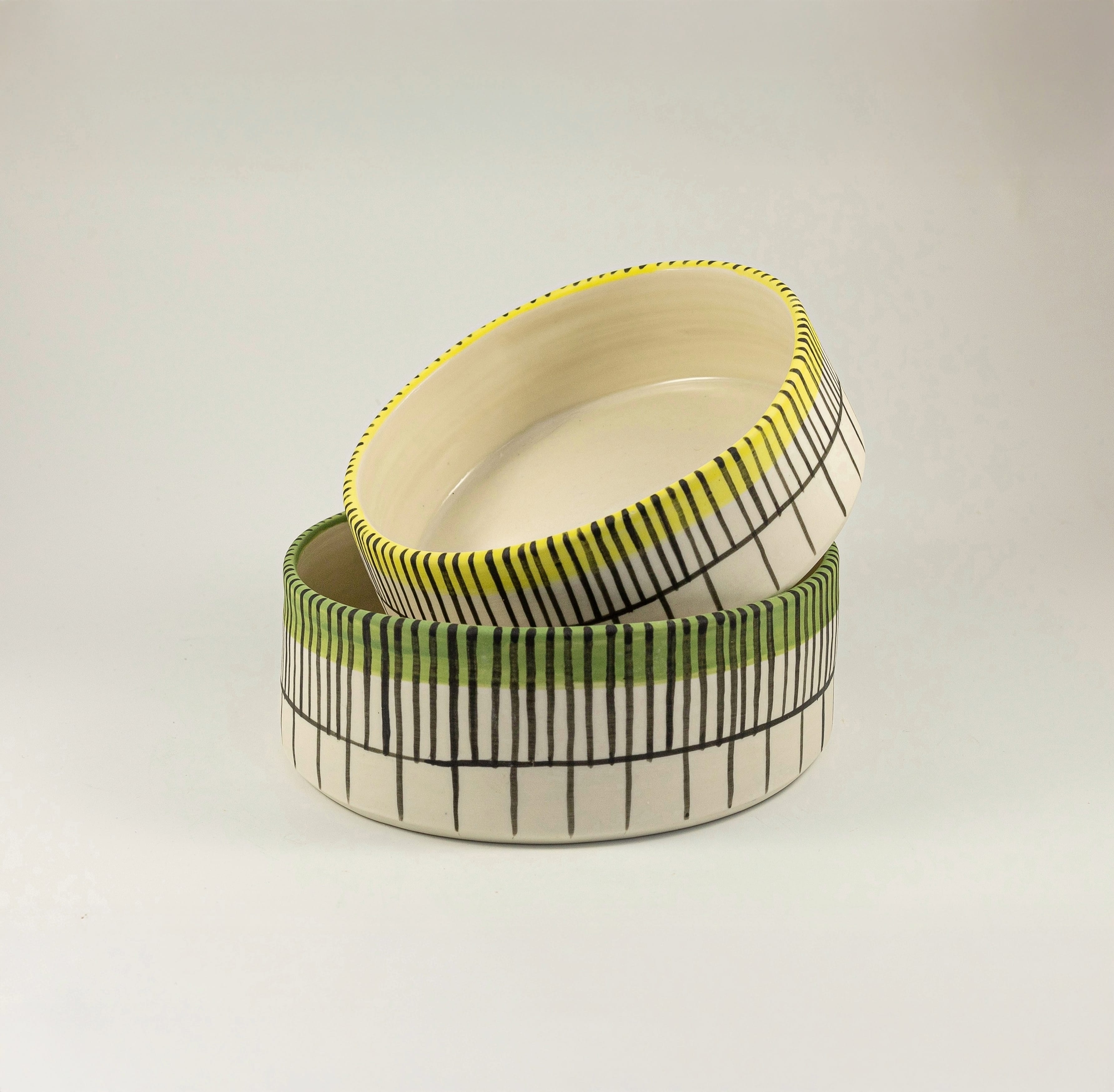 Dog bowls with a striped design that almost resembles a ruler, with yellow and green detailing.