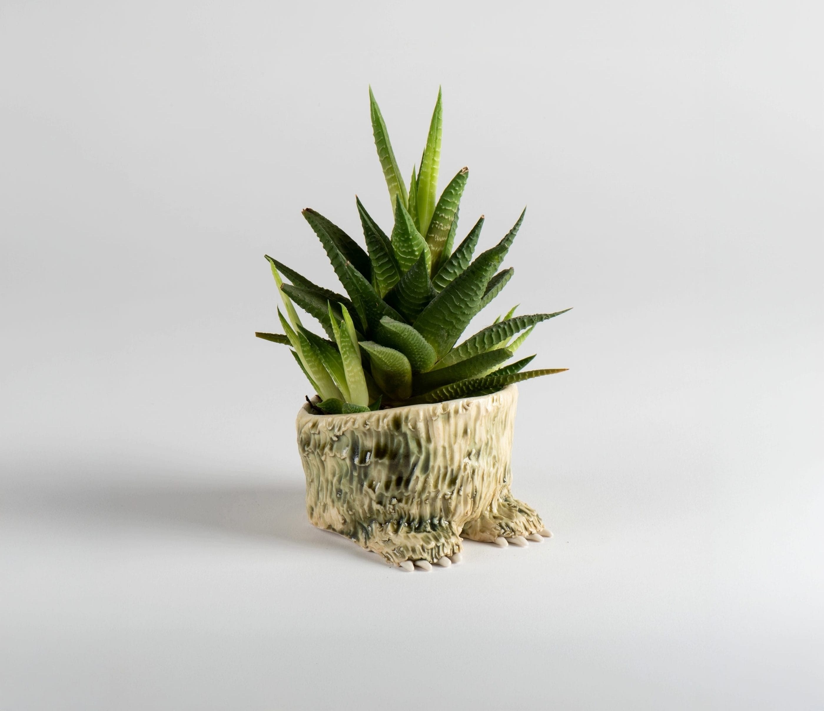 Plant pot that ressembles the bottom half of a furry animal, with little feet.