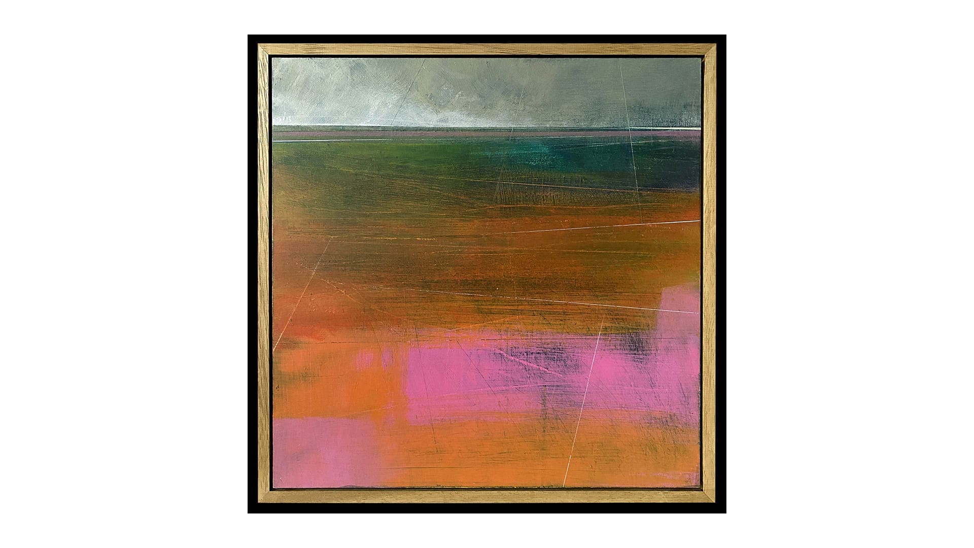 A square framed painting of blues and oranges, flashes of neon pink.