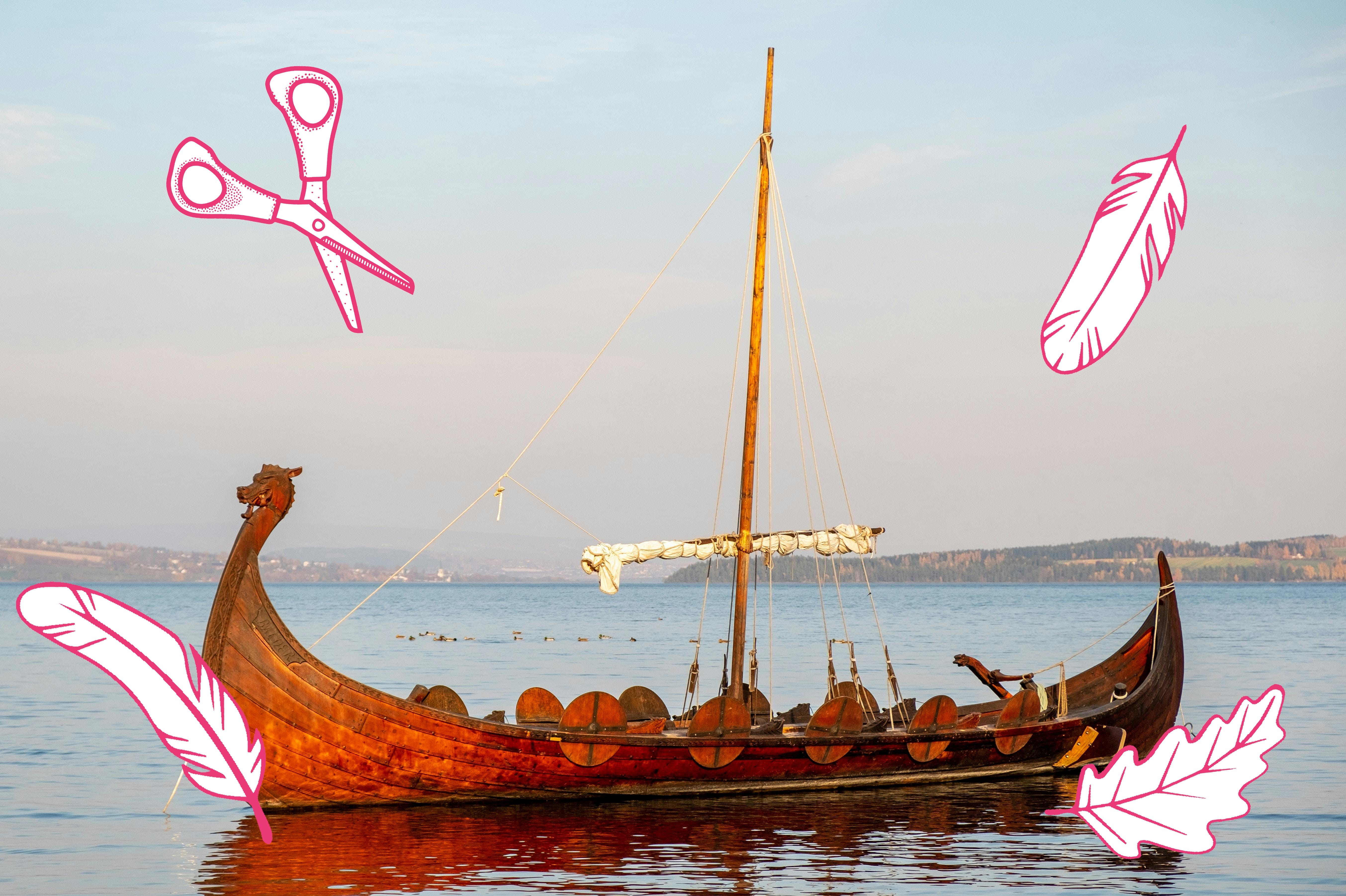 A photo of a Viking longboat with crafts related illustrations on top