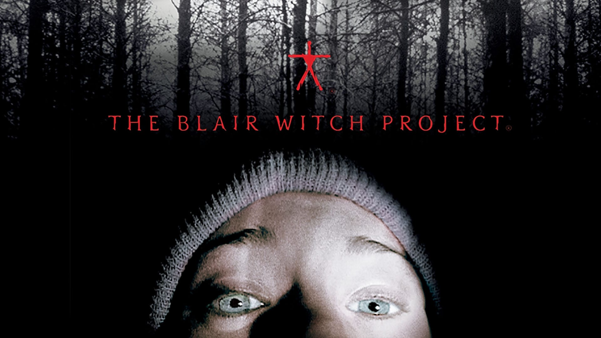 A dark and eerie wooded scene with a scared woman's face overlayed below