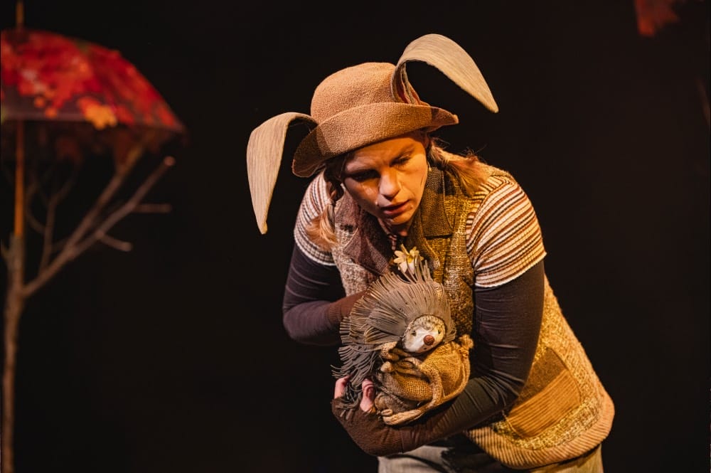 A lady wearing a brown hat, with floppy ears cradles a small hedgehog puppet.