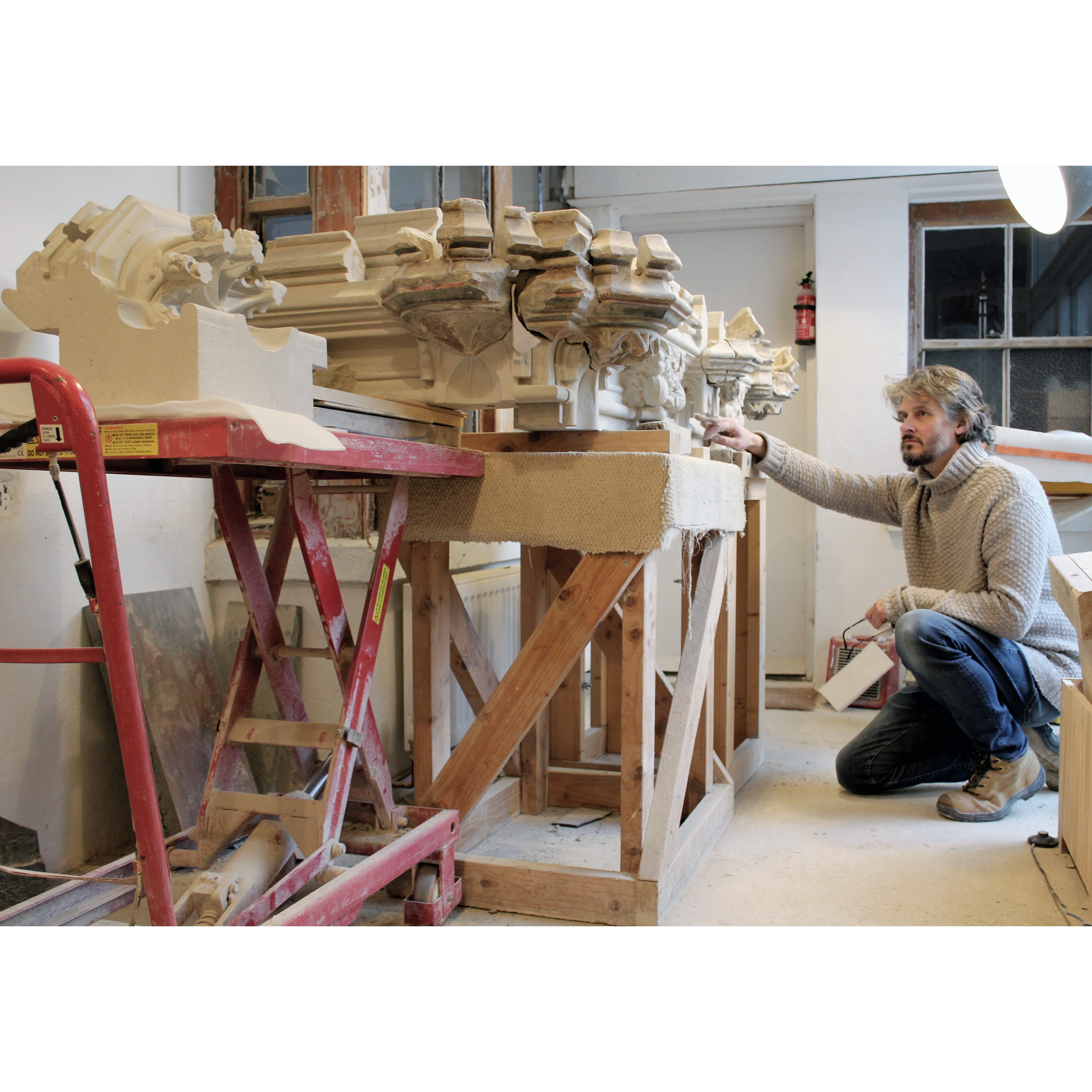 Alan Micklethwaite in his stone carving workshop