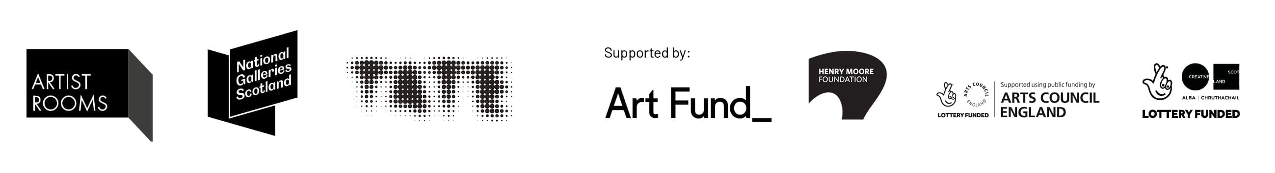 A selection of logos for Artist Rooms, National Galleries Scotland, Tate, Art Fund_ and Henry Moor Foundation.