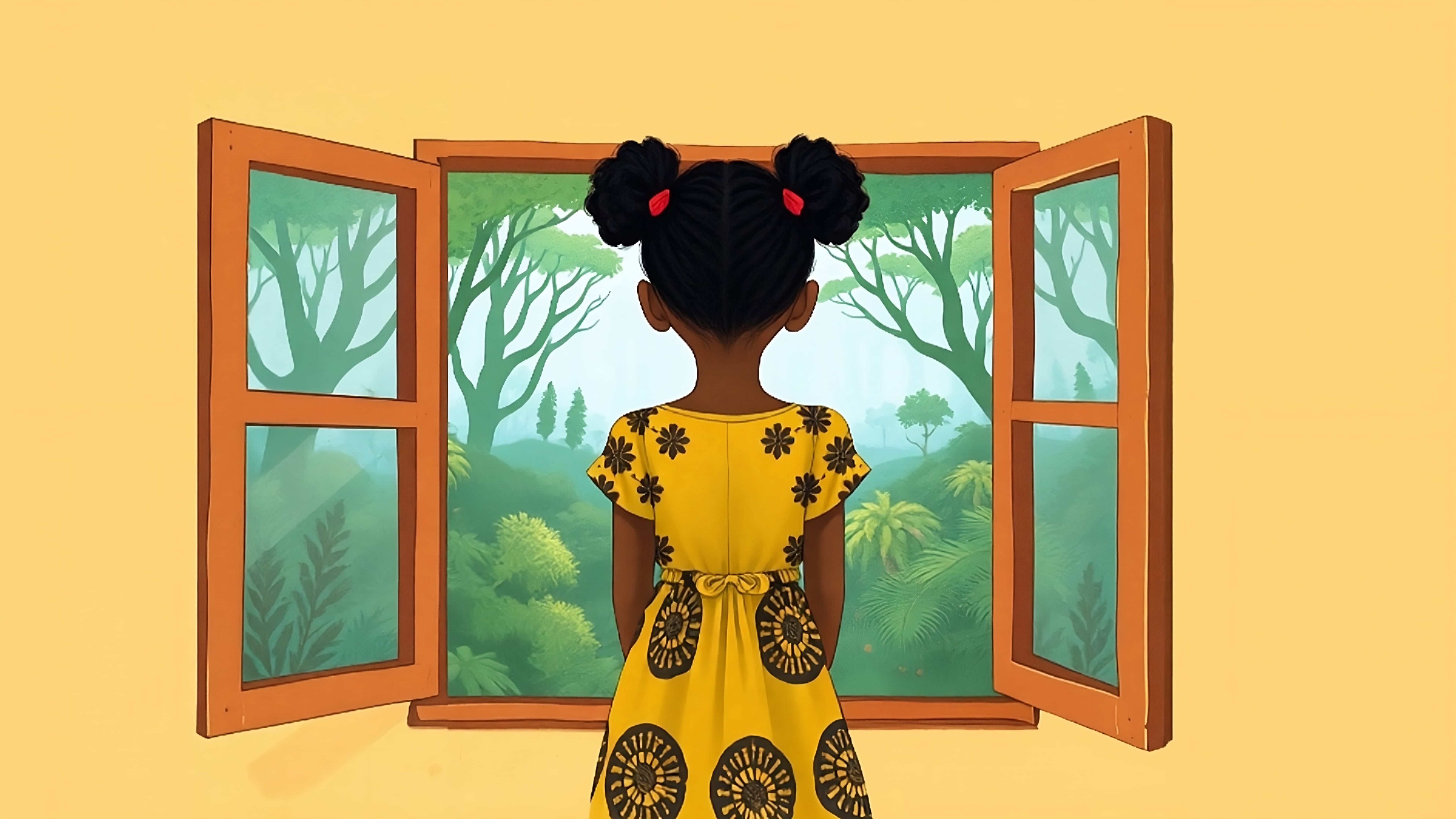An illustration of a small girl wearing a yellow dress, standing looking out of a window.
