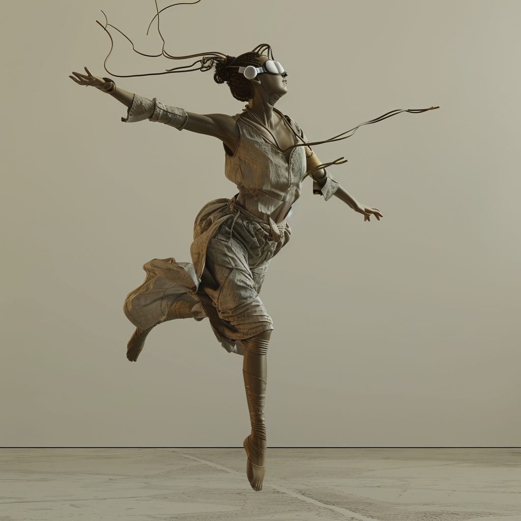 A person dancing and a beige space, wearing VR goggles.