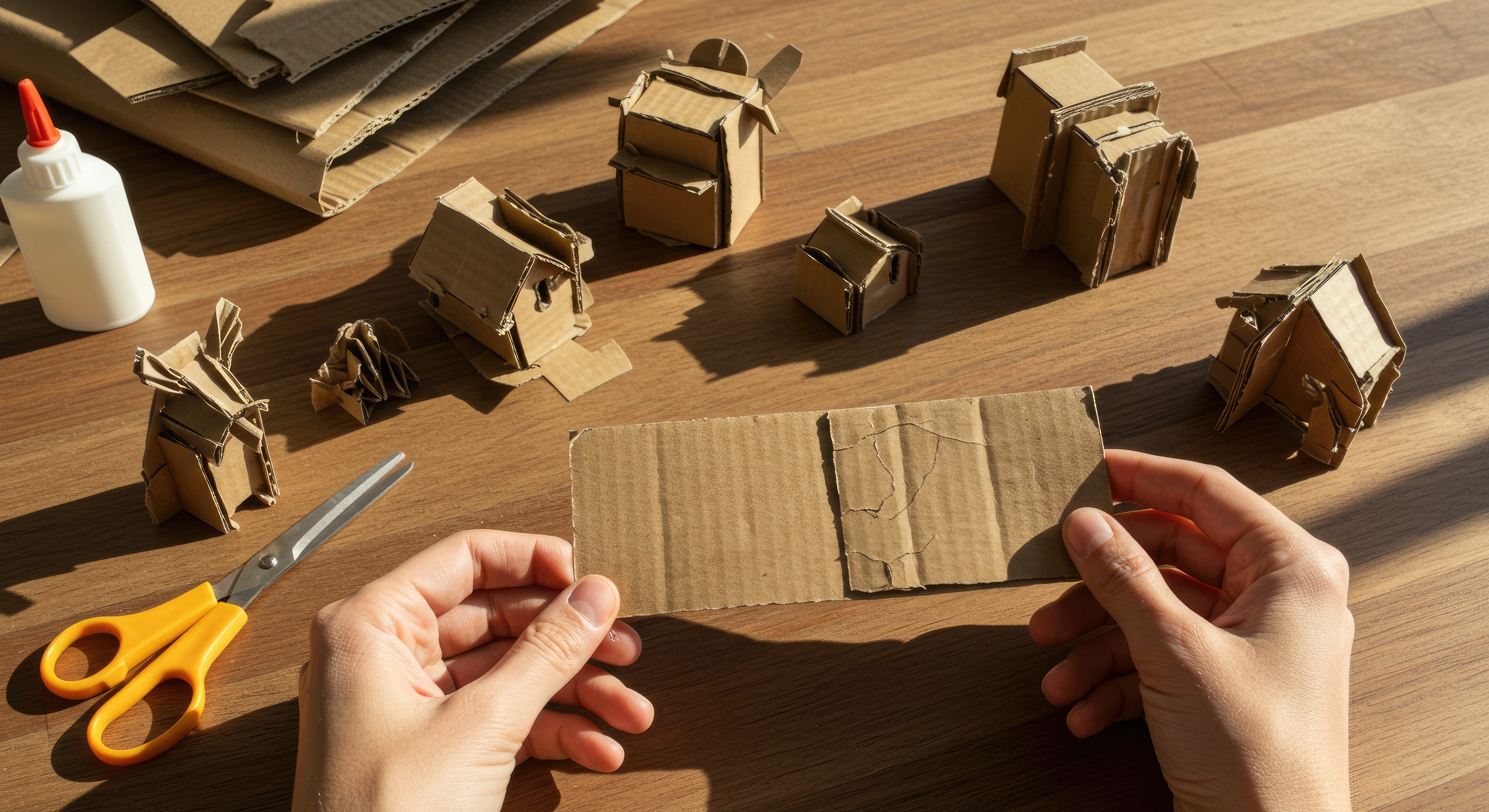 A pair of hands holds a piece of cardboard surrounded by glue and cardboard models.