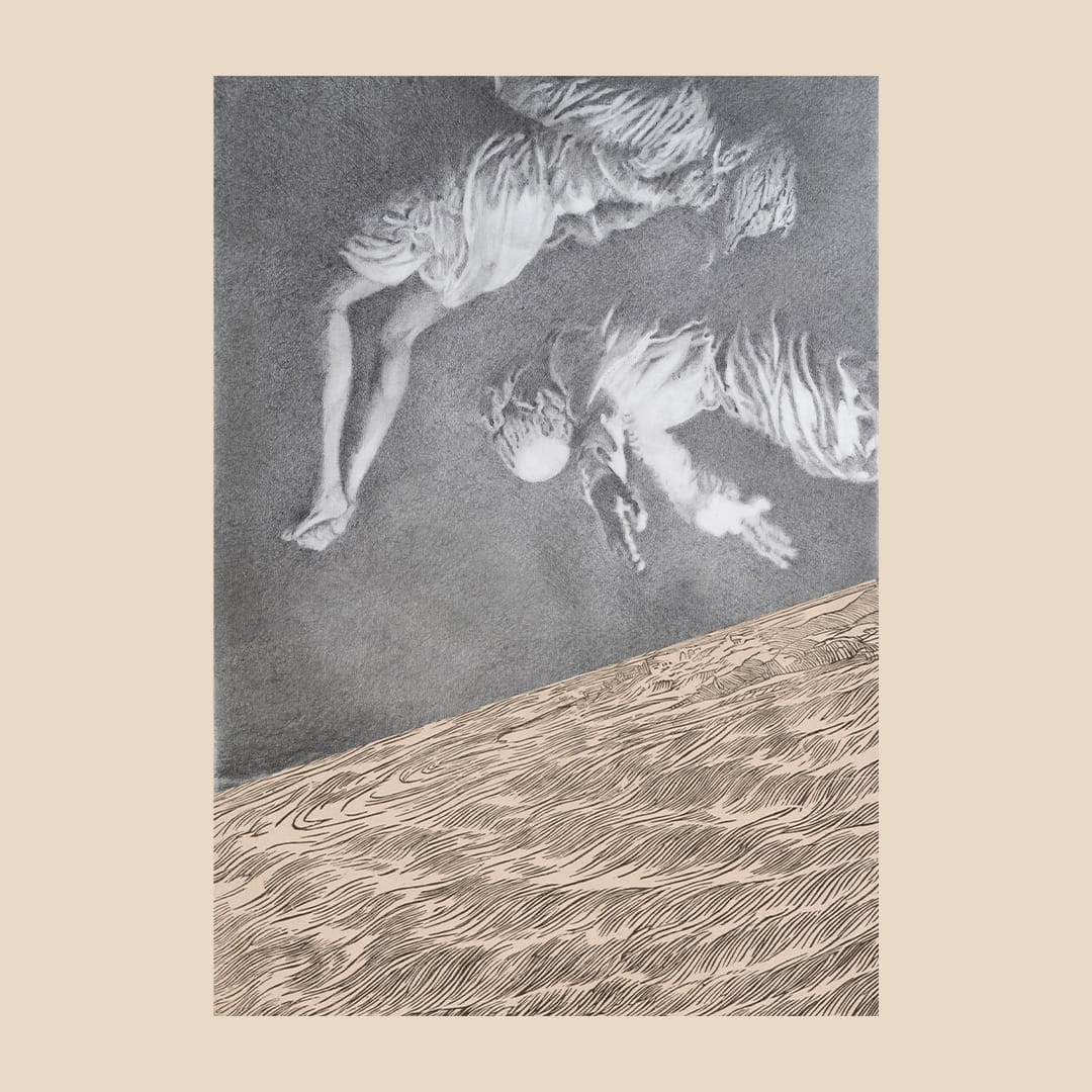 Image made from details of: How I wanted to be that sky – to hold every flying and falling at once, 2021 by Penny McCarthy and The submersion of Pharaoh’s Army in the Red Sea, c. 1549 by Titian