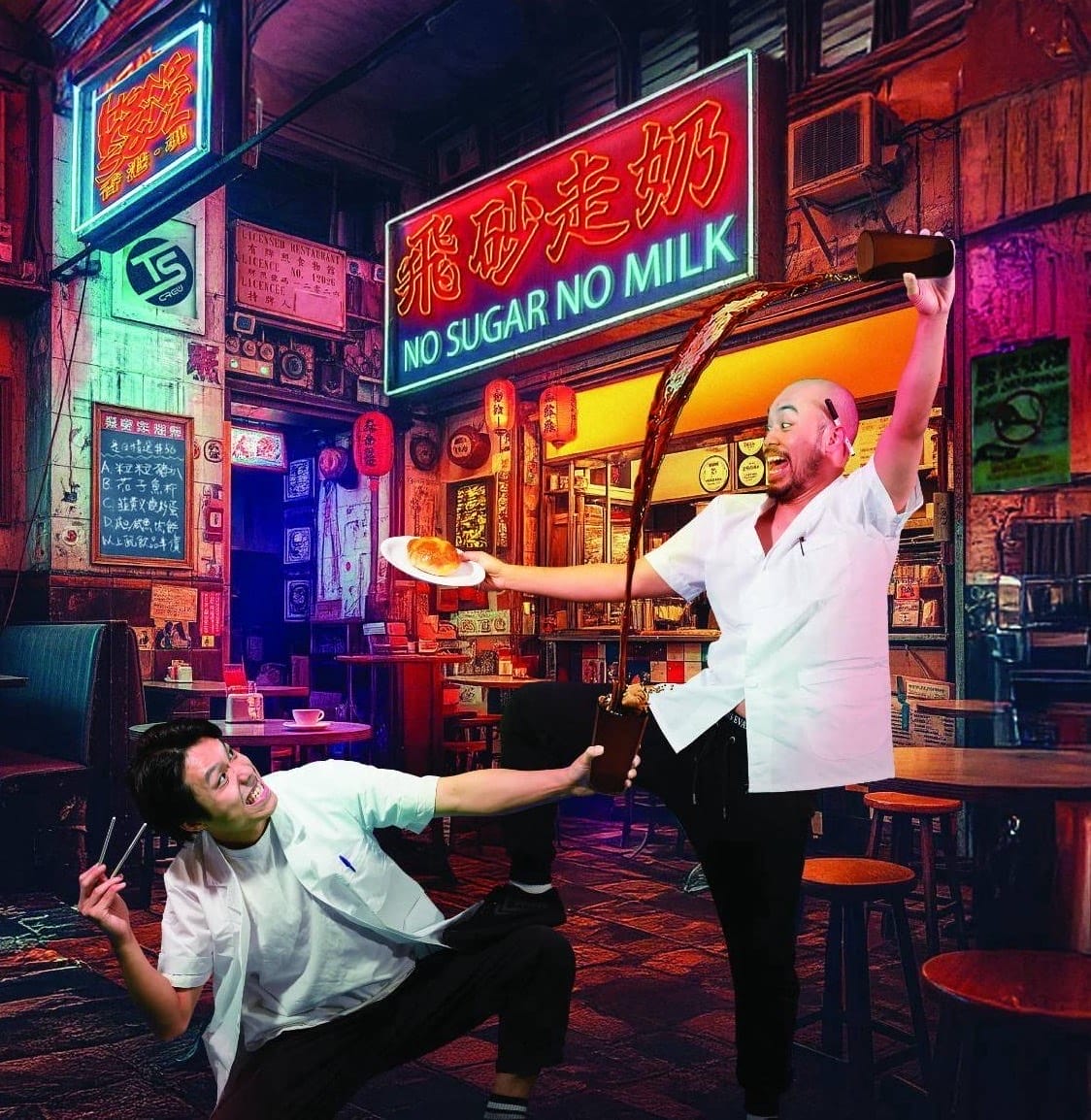Two men, in white jackets appear to fight in a cafe, with drinks flying through the air and neon signs in the background.