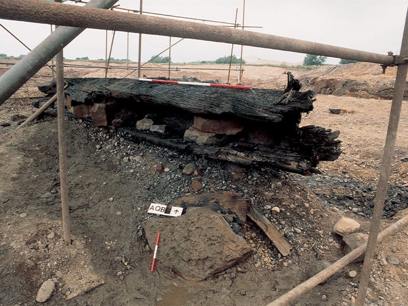 a photo of the archaeologic remains of a prehistoric shardlow boat, on the site of a dig surrounded by scaffolding