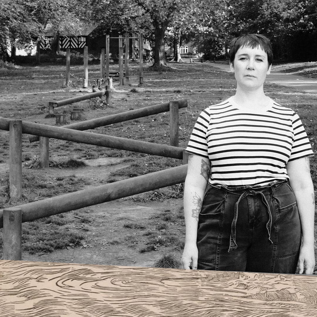 A woman wearing a stiped t-shirt and black trousers is superimposed on to a black and white photogaph.