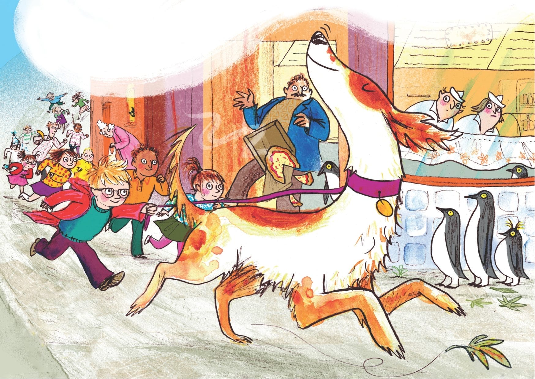 An illustration of a dog on a lead, proudly prancing through town, followed by a group of children.