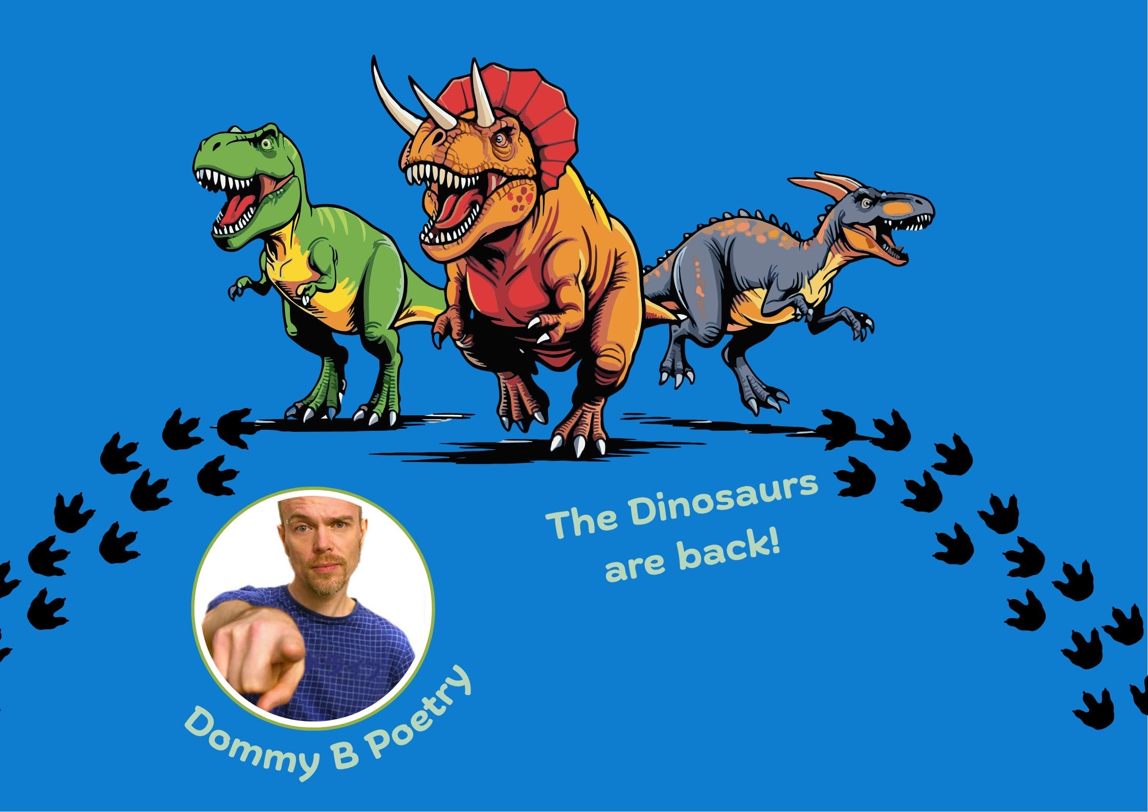 Illustrations of dinosaurs sit on a blue background.